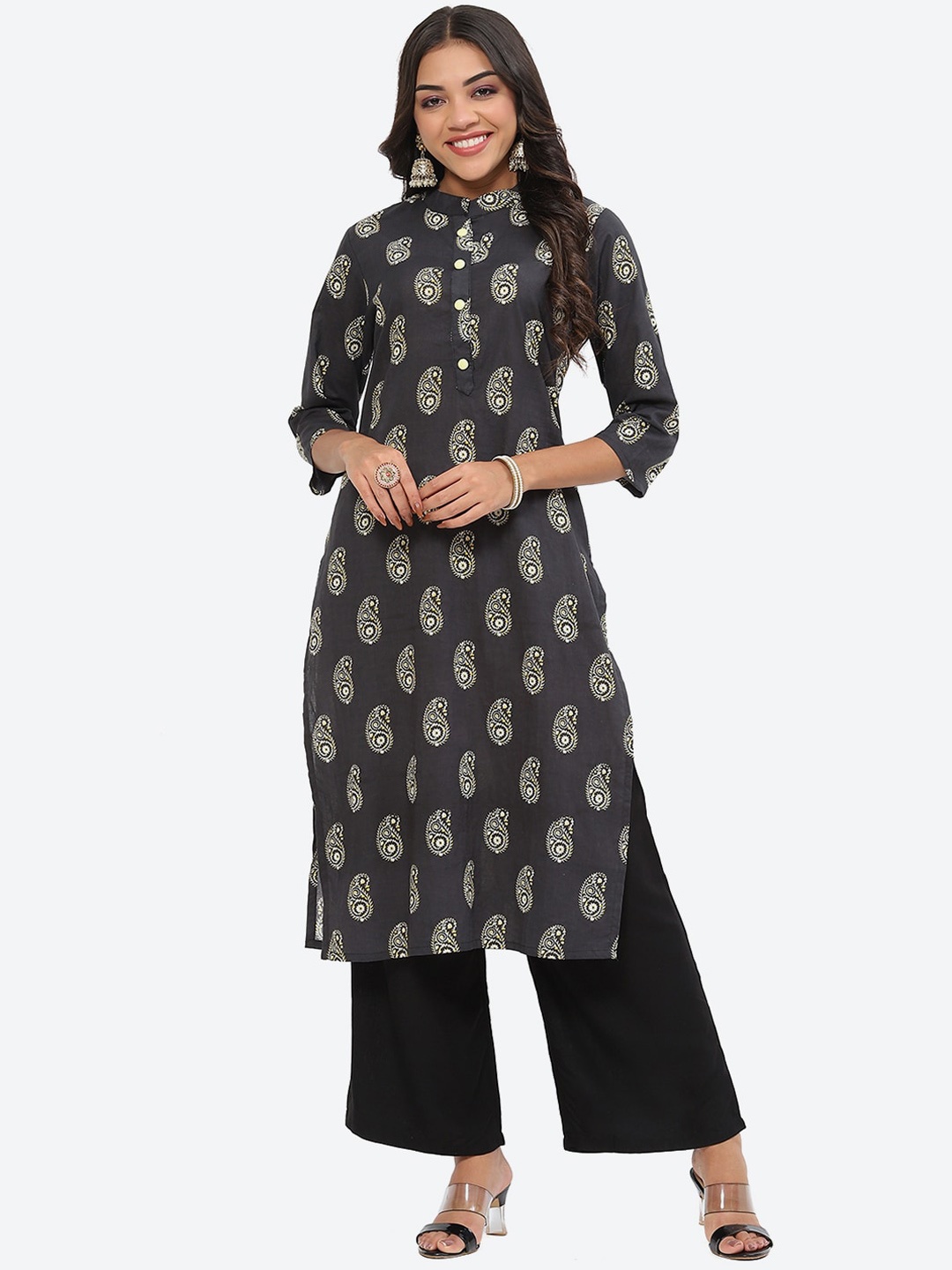 

Kurti's by Menka Ethnic Motifs Printed Mandarin Collar Cotton Kurta, Yellow