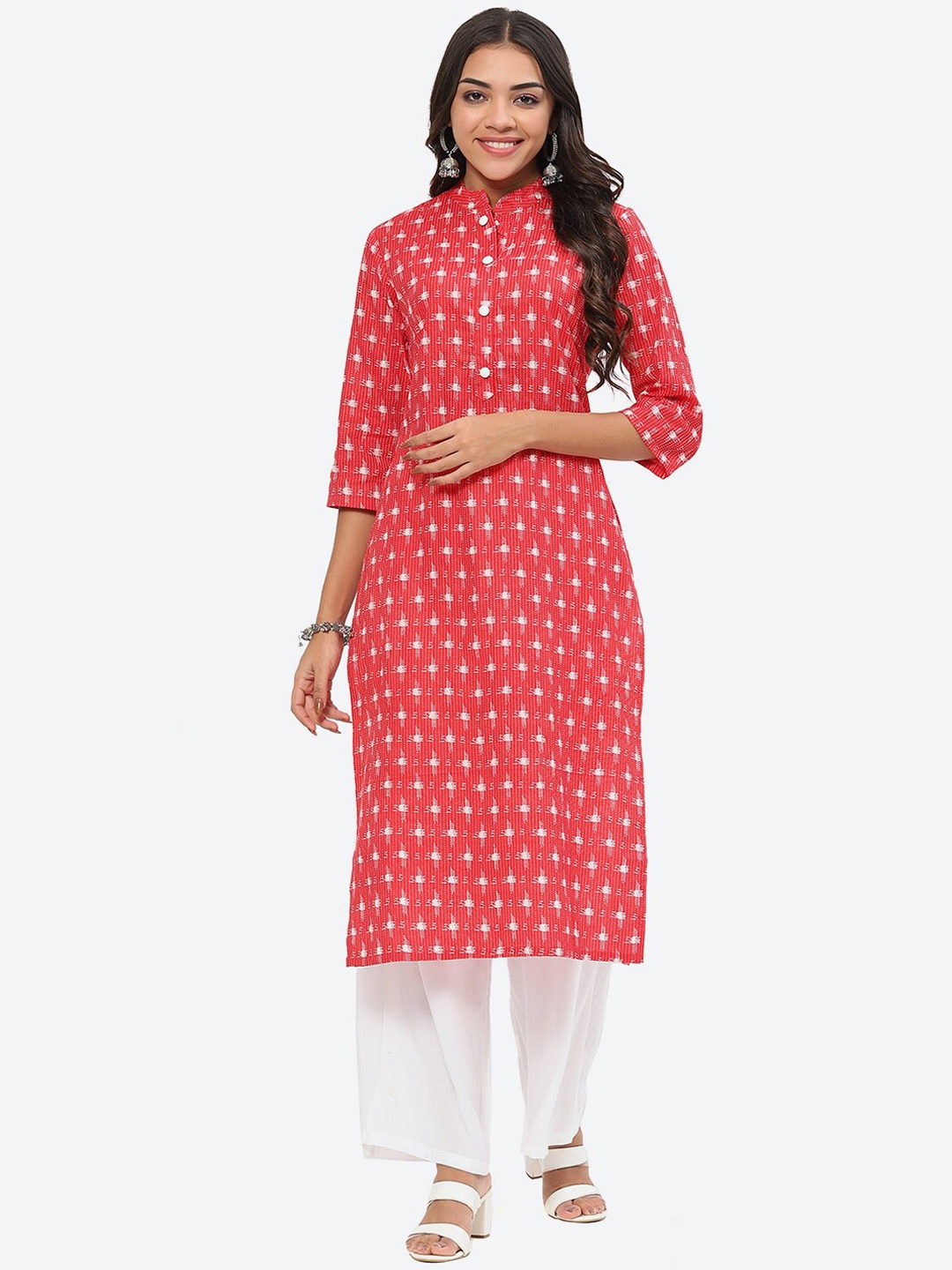 

Kurti's by Menka Ikkat Woven Design Mandarin Collar Straight Cotton Kurta, Red