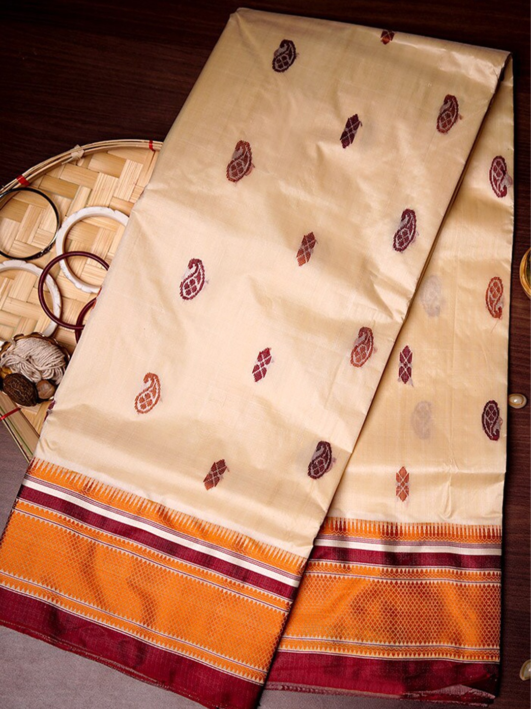 

AllSilks Paisley Woven Design Saree, Cream