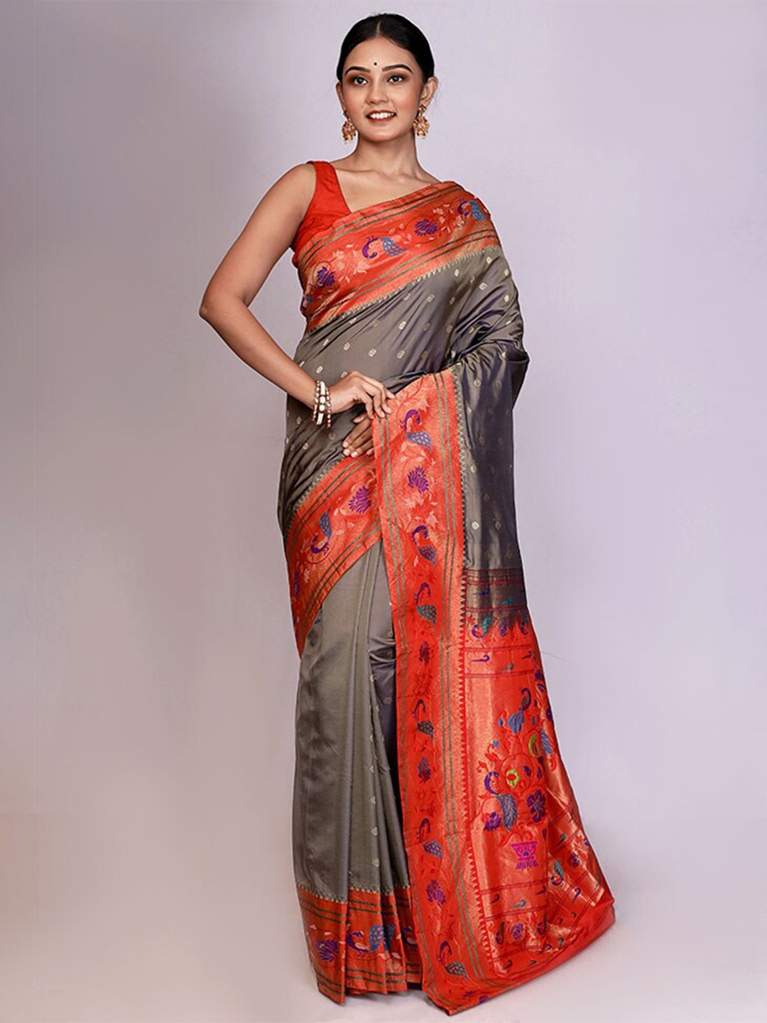 

AllSilks Ethnic Motifs Woven Design Zari Pure Silk Kanjeevaram Saree, Grey