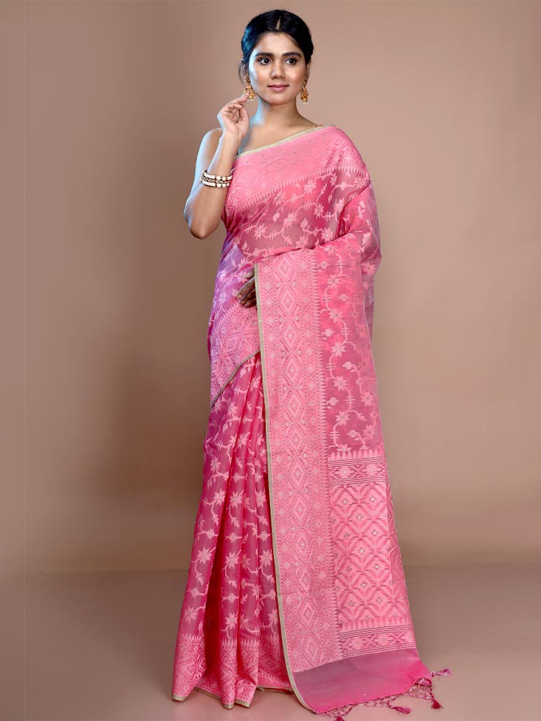 

AllSilks Floral Woven Design Saree, Pink