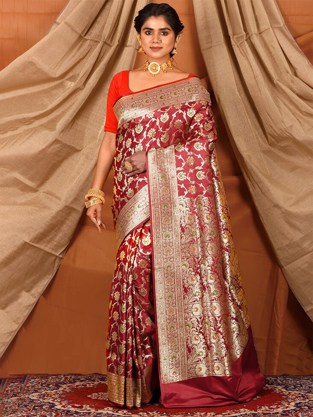 

AllSilks Floral Woven Design Zari Banarasi Saree, Red