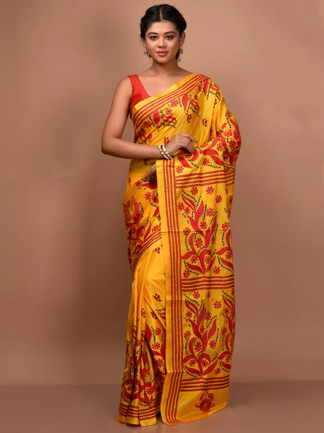 

AllSilks Floral Printed Kantha Work Saree, Yellow