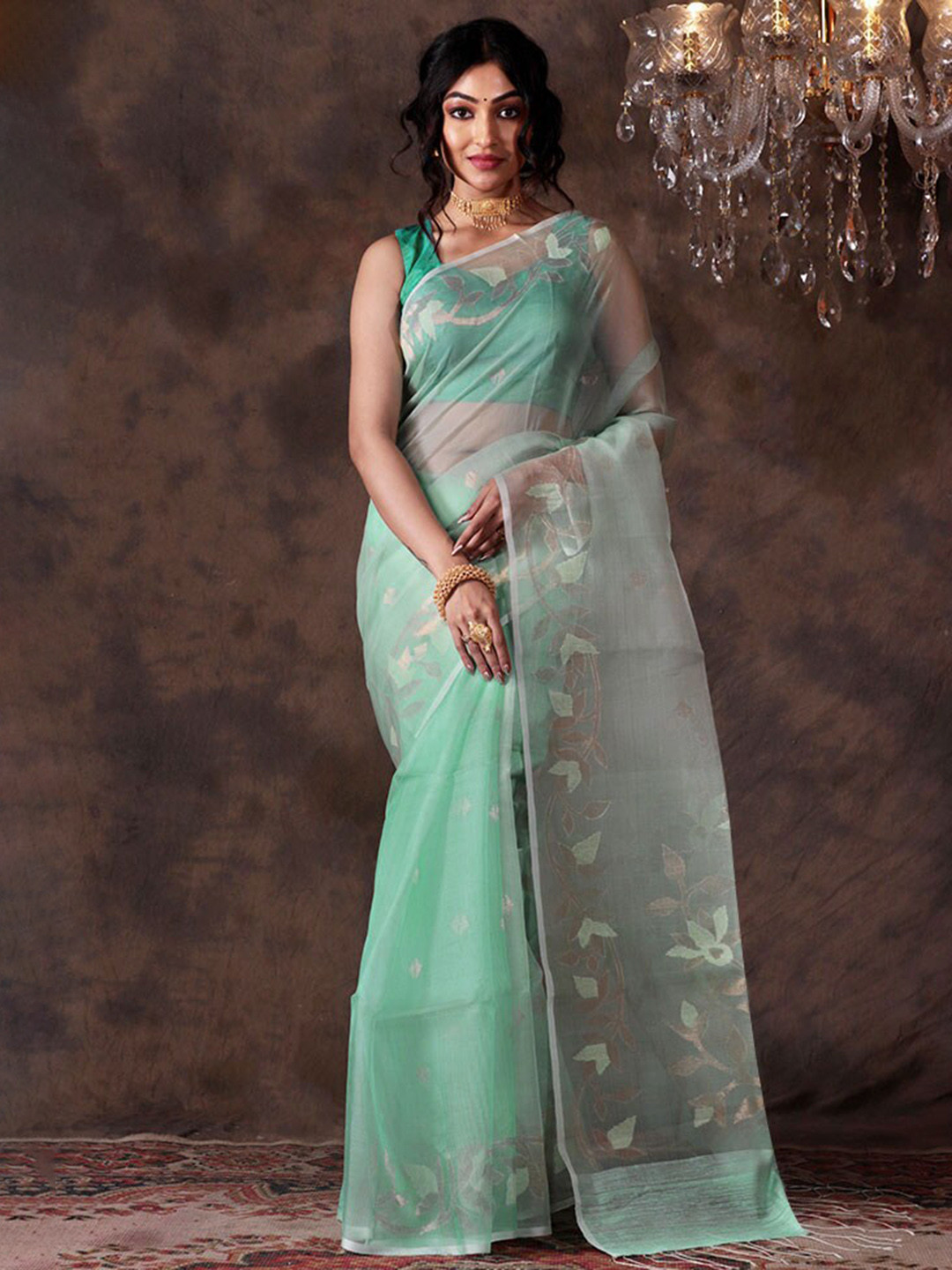 

AllSilks Floral Woven Design Zari Pure Silk Saree, Green