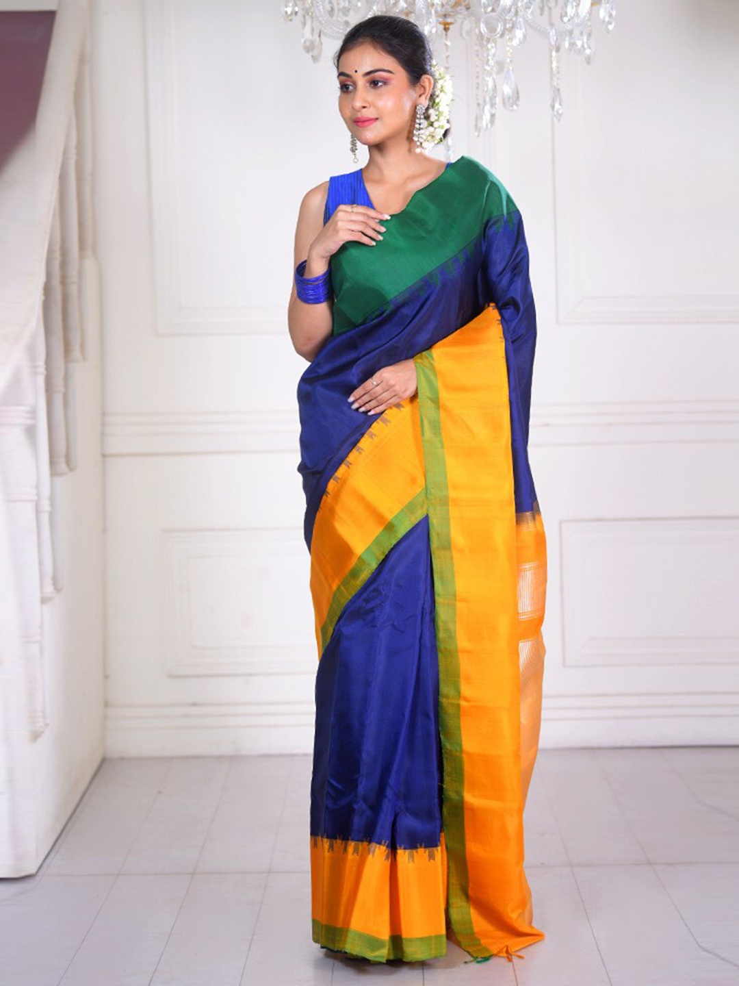 

AllSilks Colourblocked Woven Design Zari Pure Silk Saree, Blue