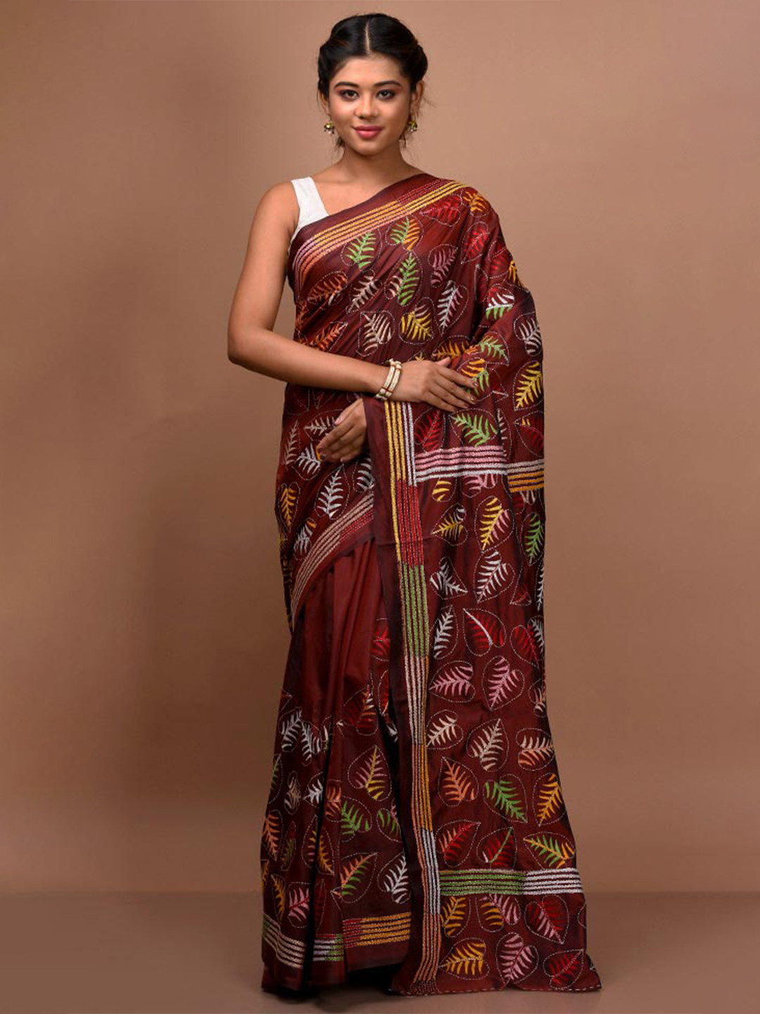 

AllSilks Floral Embroidered Kantha Work Saree, Maroon