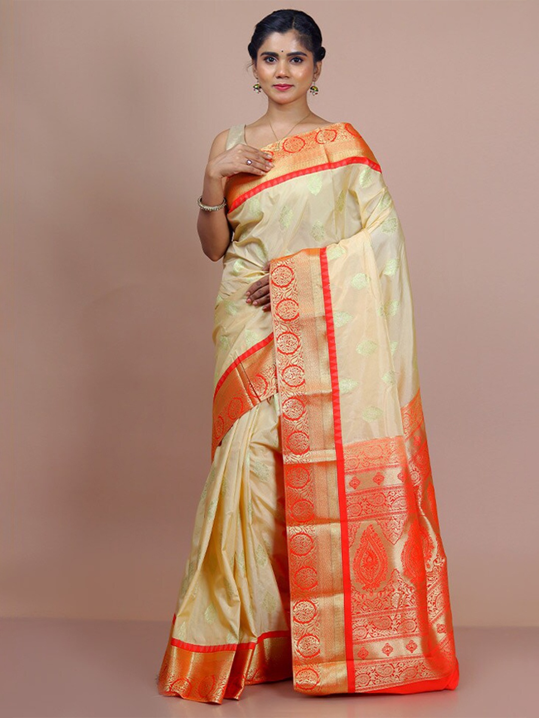 

AllSilks Woven Design Zari Art Silk Kanjeevaram Saree, Cream