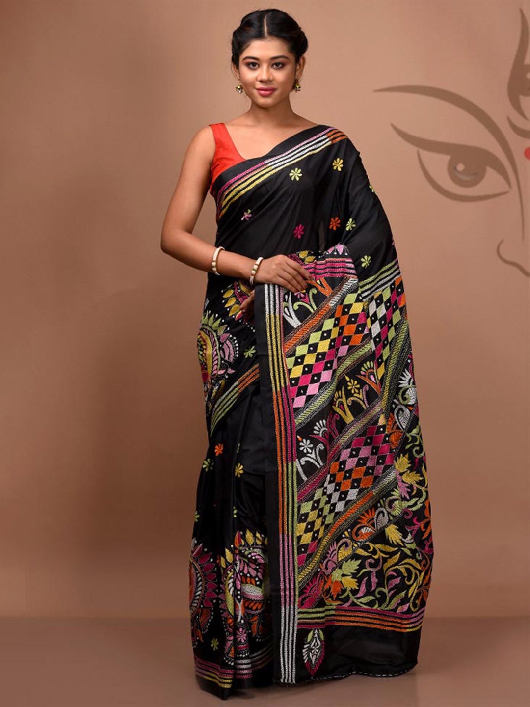 

AllSilks Ethnic Motifs Kantha Work Art Silk Saree, Black