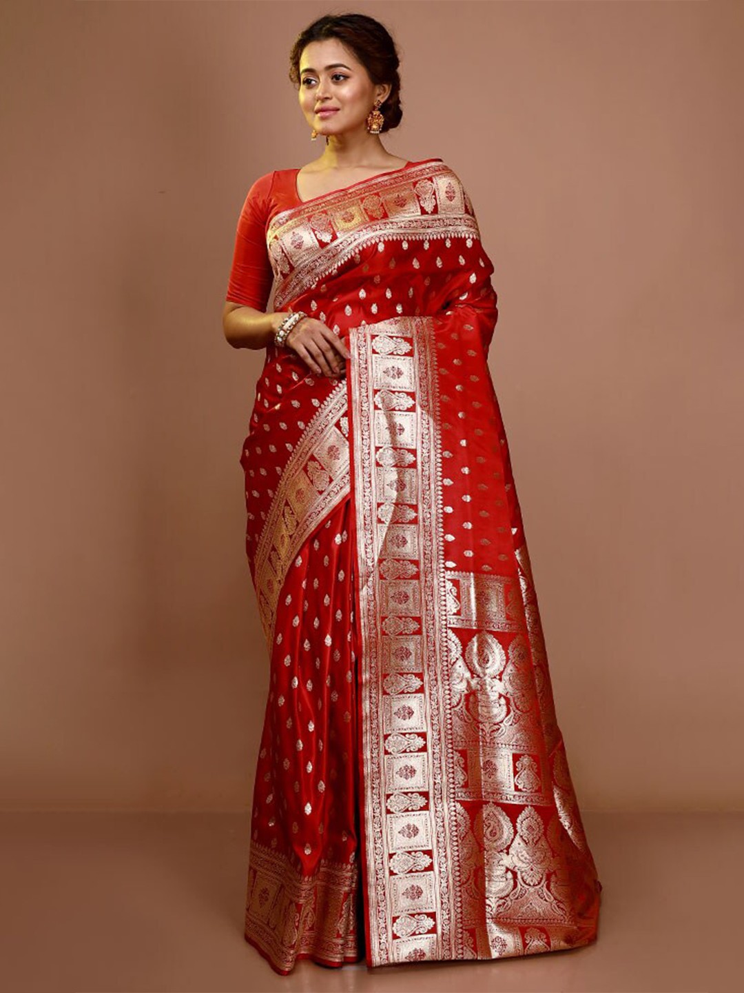 

AllSilks Ethnic Motifs Woven Design Zari Art Silk Banarasi Saree, Red