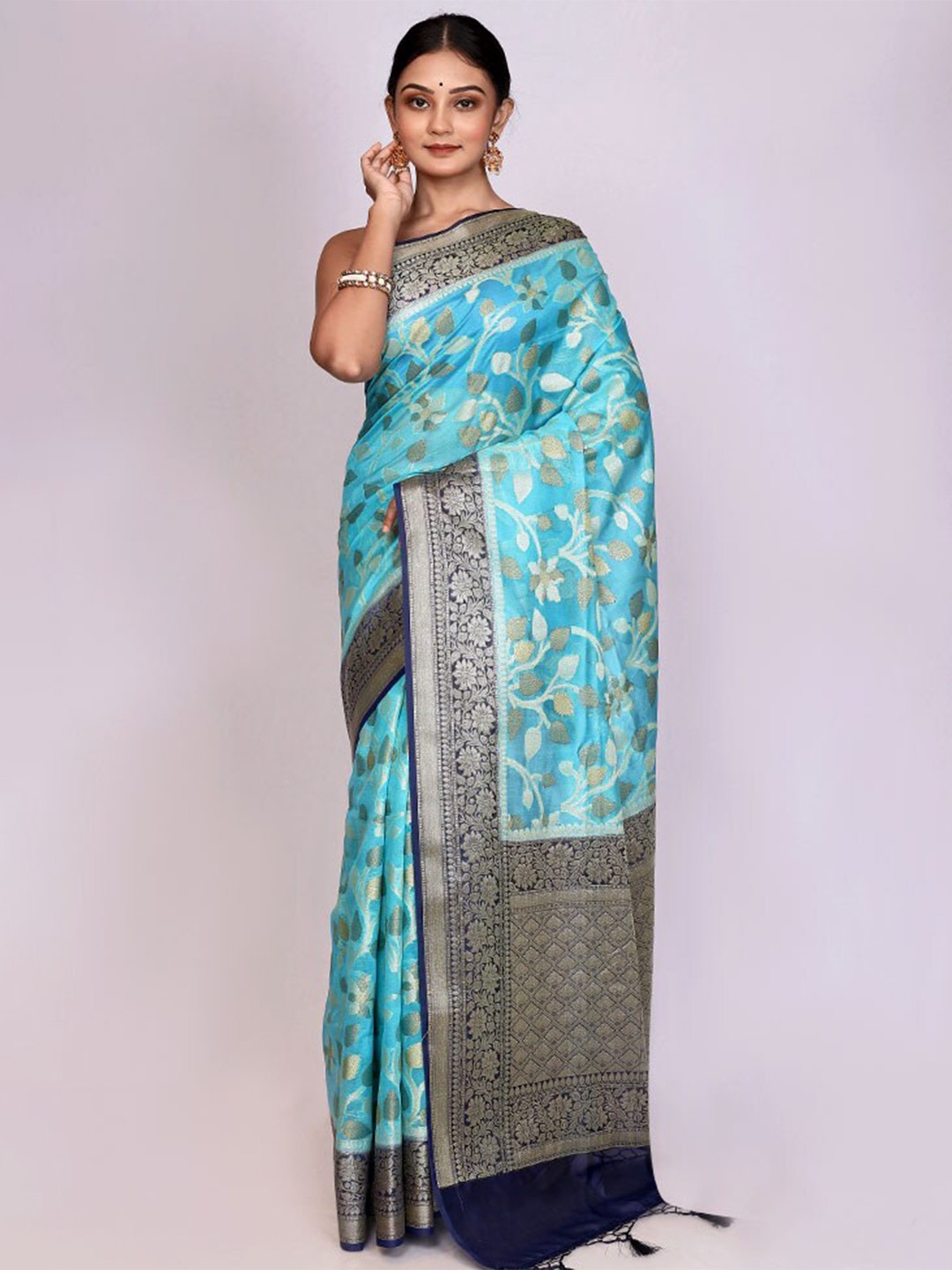 

AllSilks Floral Woven Design Zari Saree, Blue