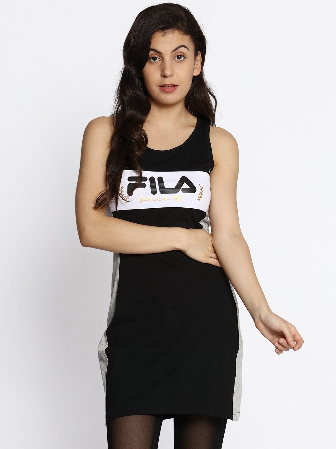 

FILA Women Black MYA Brand Print Longline Top