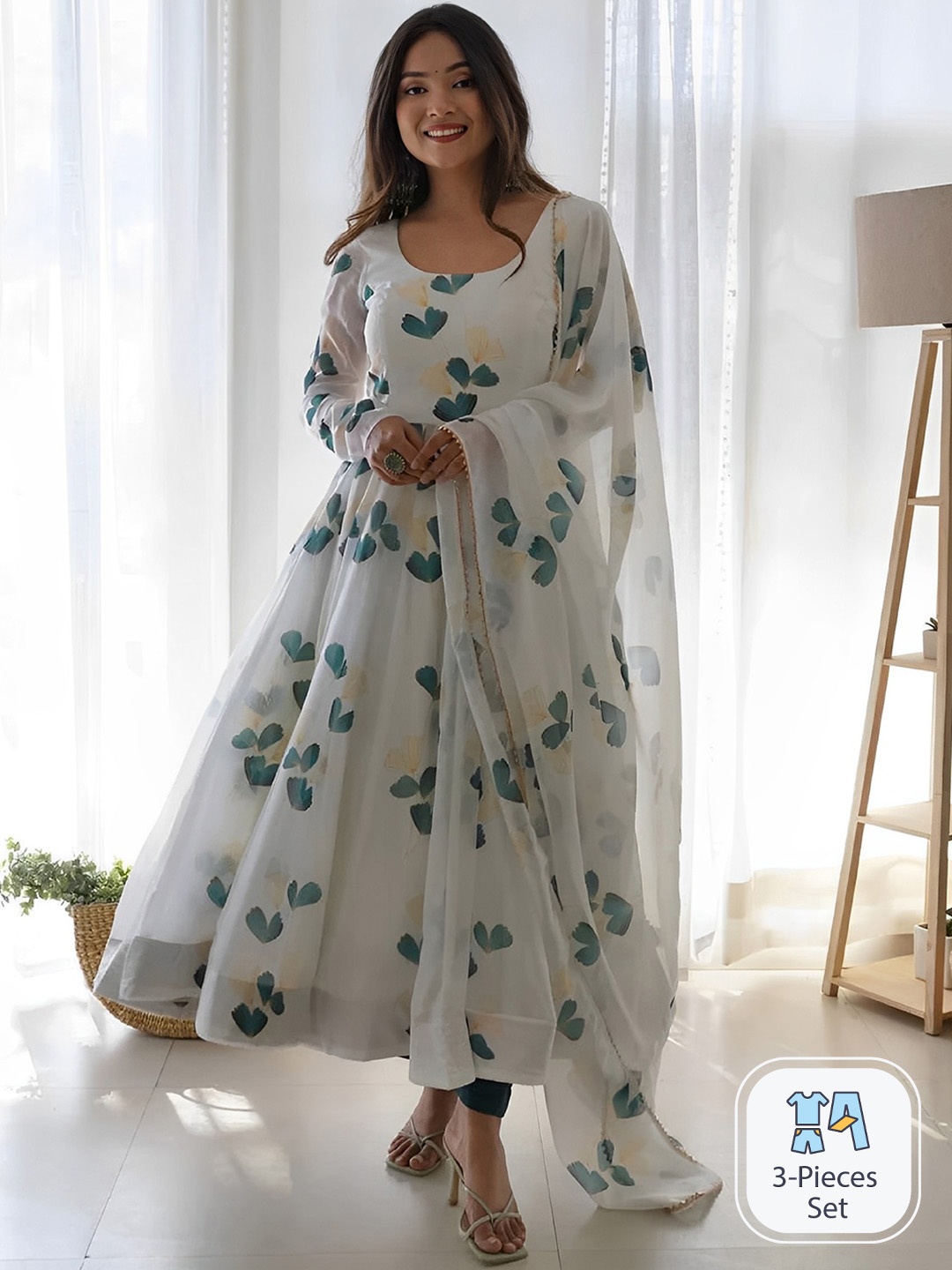 

KALINI Floral Printed Round Neck Gotta Patti Anarkali Kurta with Trousers & Dupatta, Green