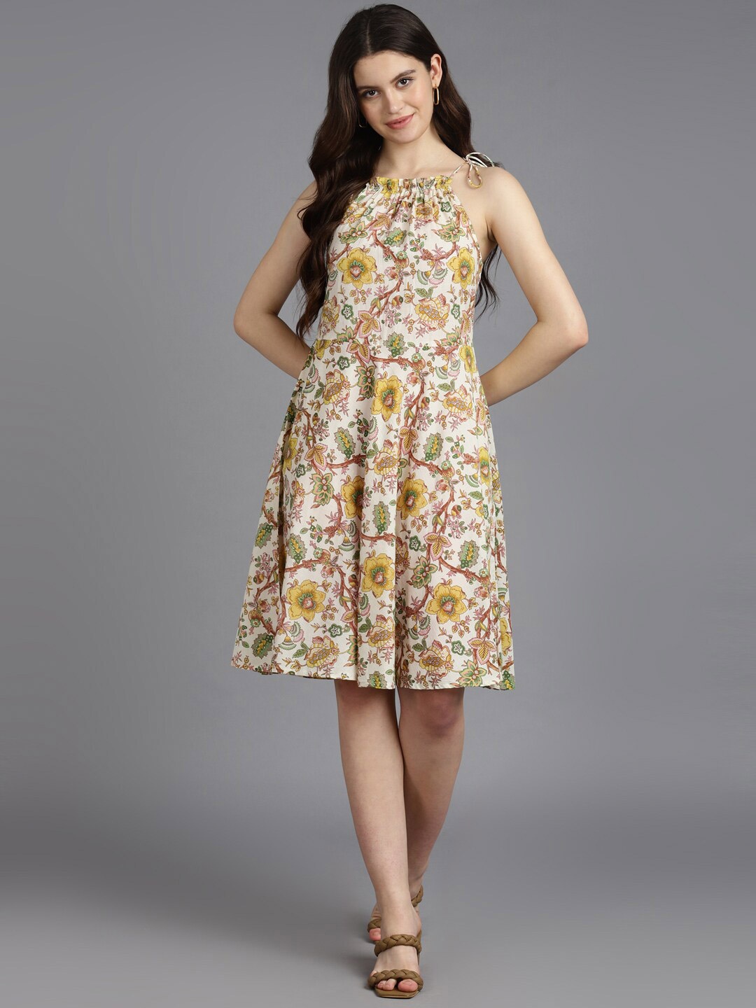 

ZARI Ethnic Motifs Printed Shoulder Strap Sleeveless Cotton Casual A-Line Dress, Cream