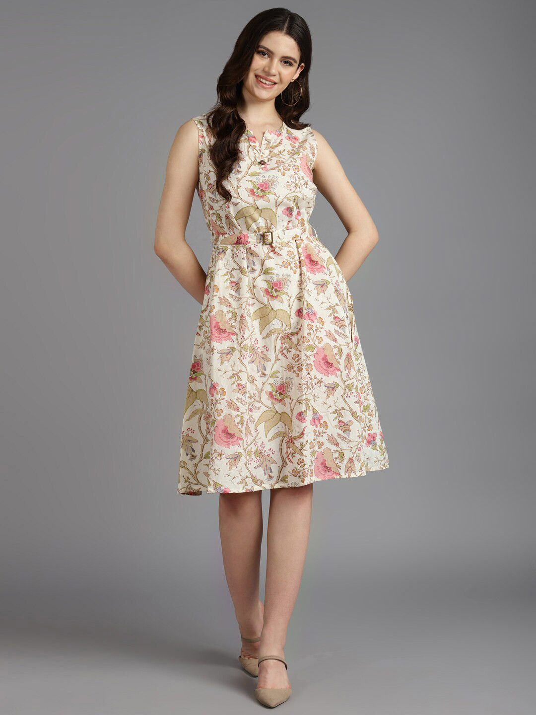 

ZARI Floral Printed Round Neck Sleeveless Cotton Casual A-Line Dress, Cream