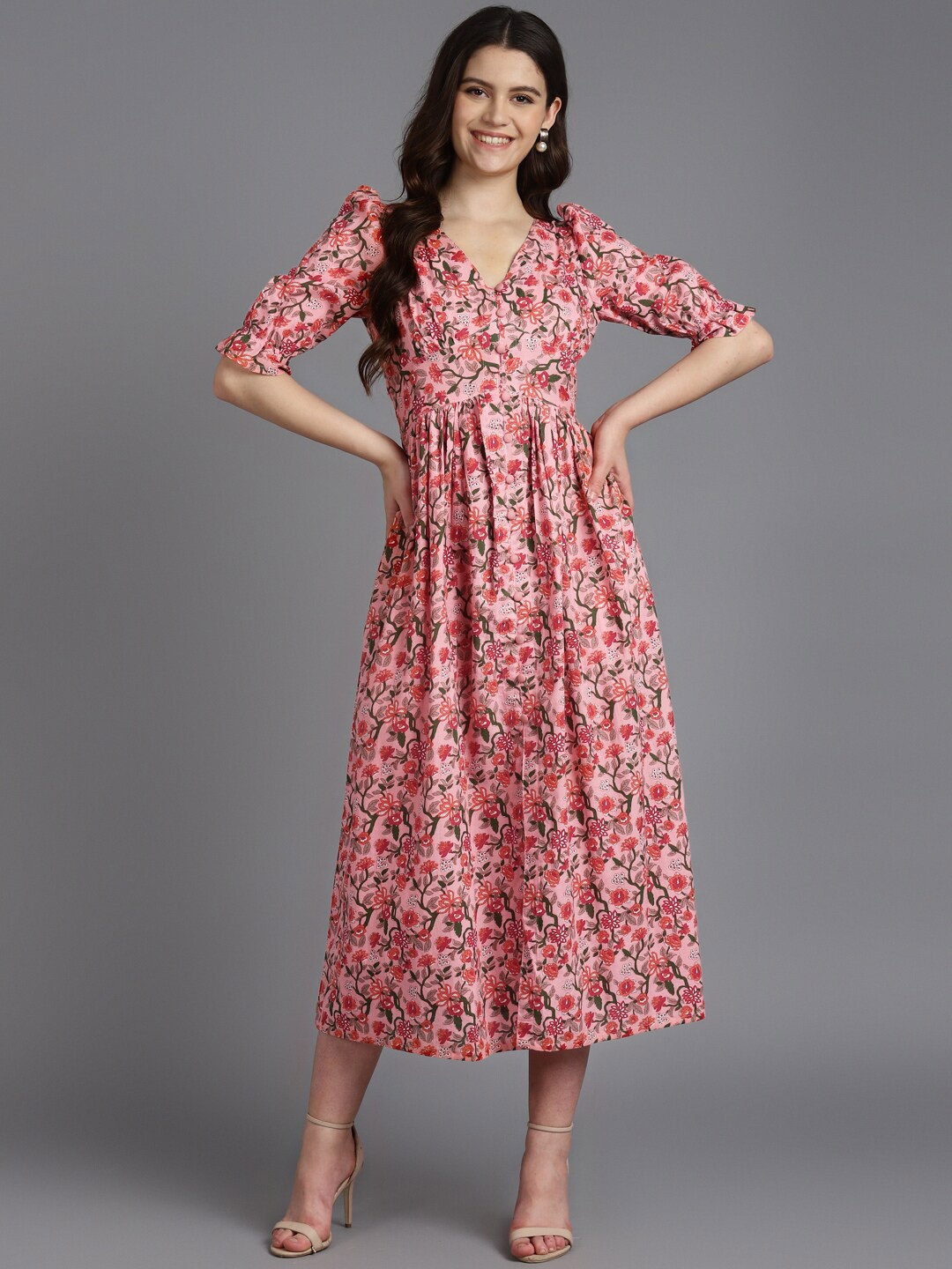 

ZARI Floral Printed V-Neck Puff Sleeves Gathered Cotton Casual A-Line Midi Dress, Pink