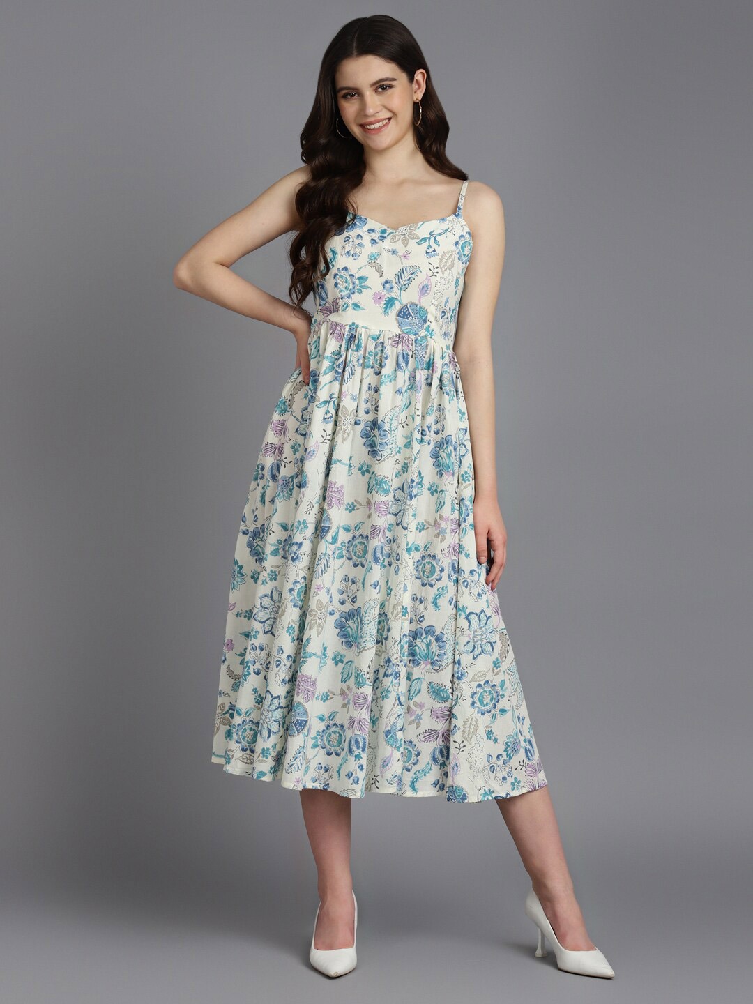 

ZARI Floral Printed Shoulder Strap Sleeveless Cotton Casual Fit & Flare Midi Dress, Cream