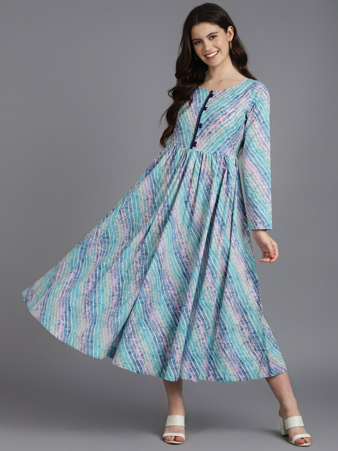 

ZARI Striped Gathered Cotton Fit & Flare Dress, Blue