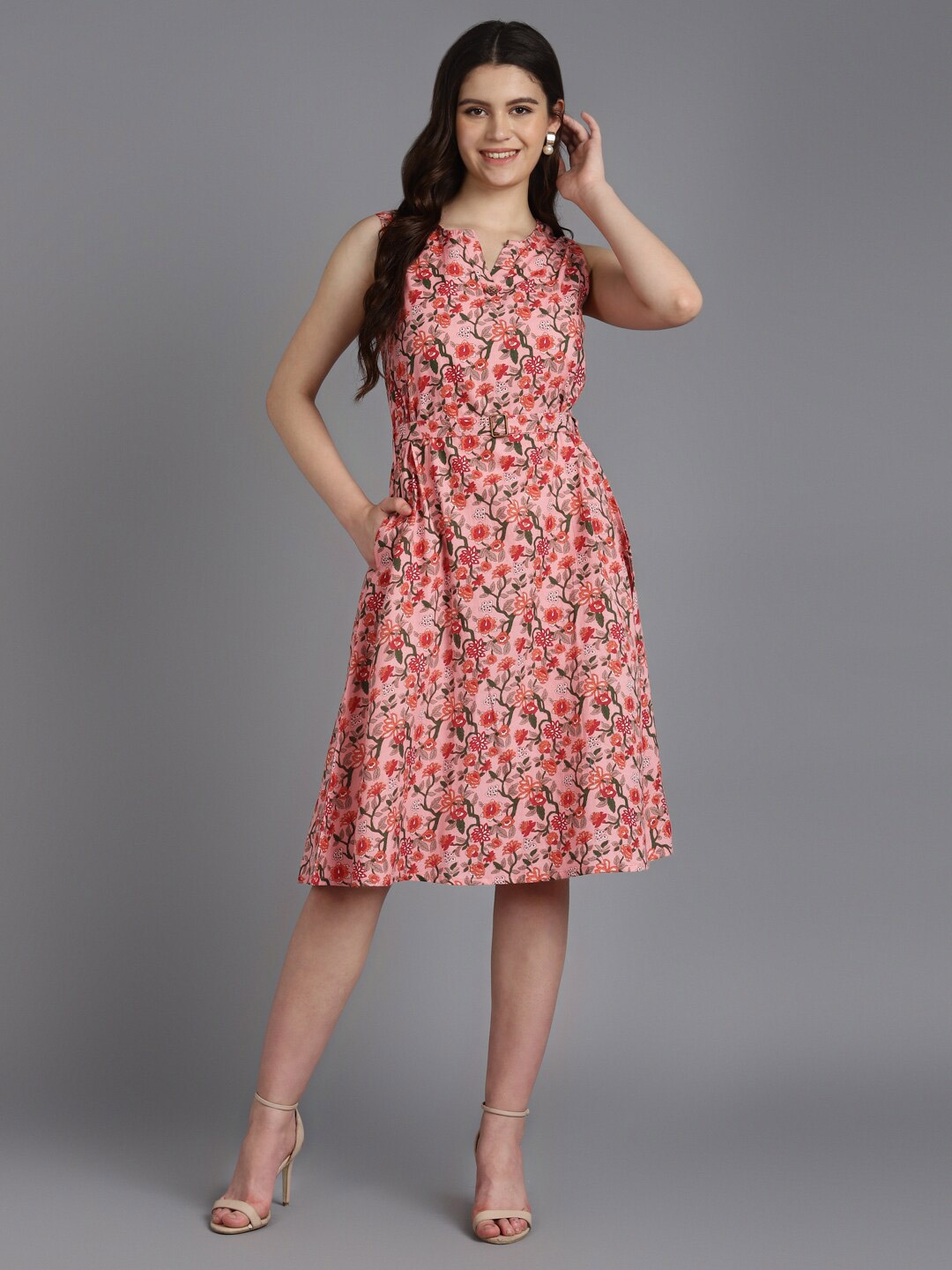 

ZARI Floral Printed Mandarin Collar Gathered & Belted Cotton Fit & Flare Dress, Pink