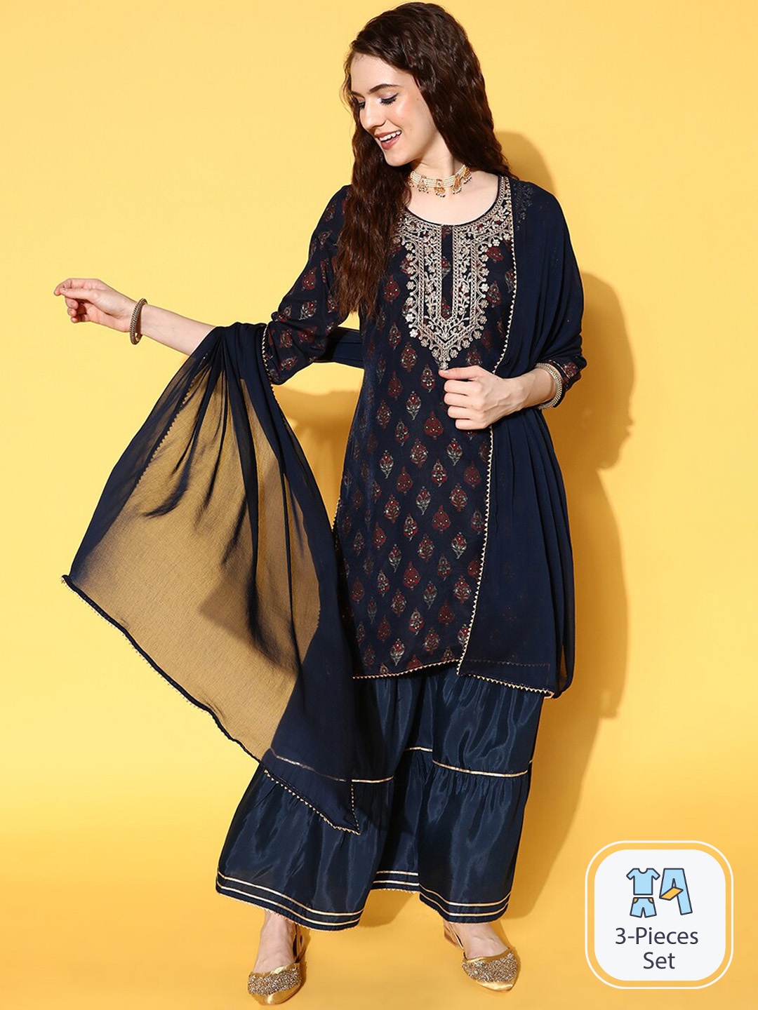 

Ishin Floral Printed Zari Gotta Patti Kurta with Sharara & Dupatta, Navy blue