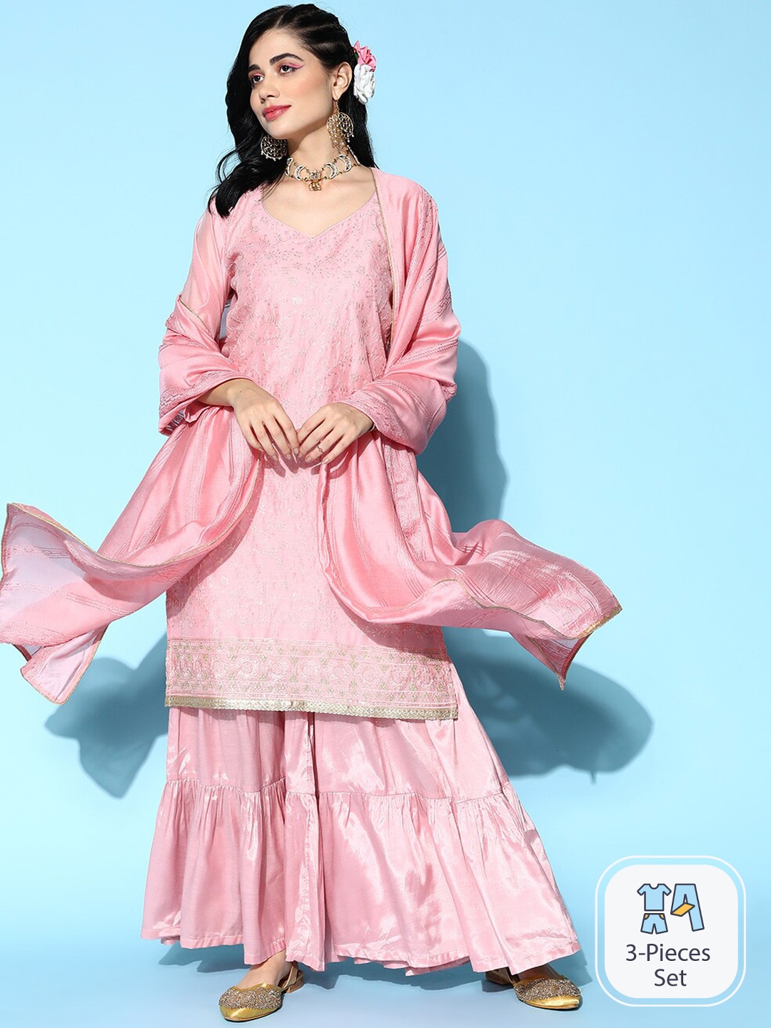 

Ishin Floral Embroidered Sequinned Chanderi Silk Kurta with Sharara & Dupatta, Pink