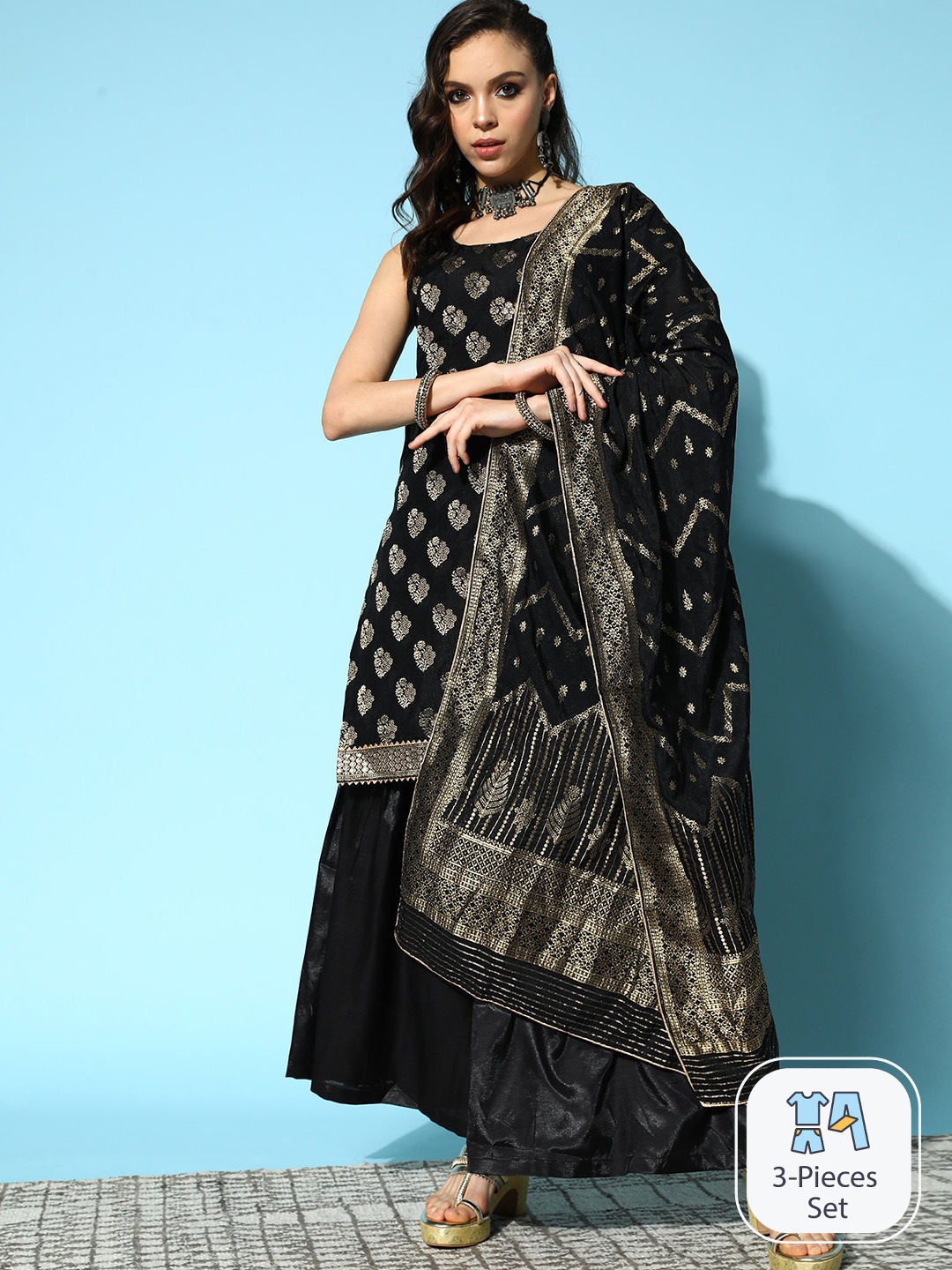 

Ishin Ethnic Motifs Woven Design Kurta with Sharara & Dupatta, Black