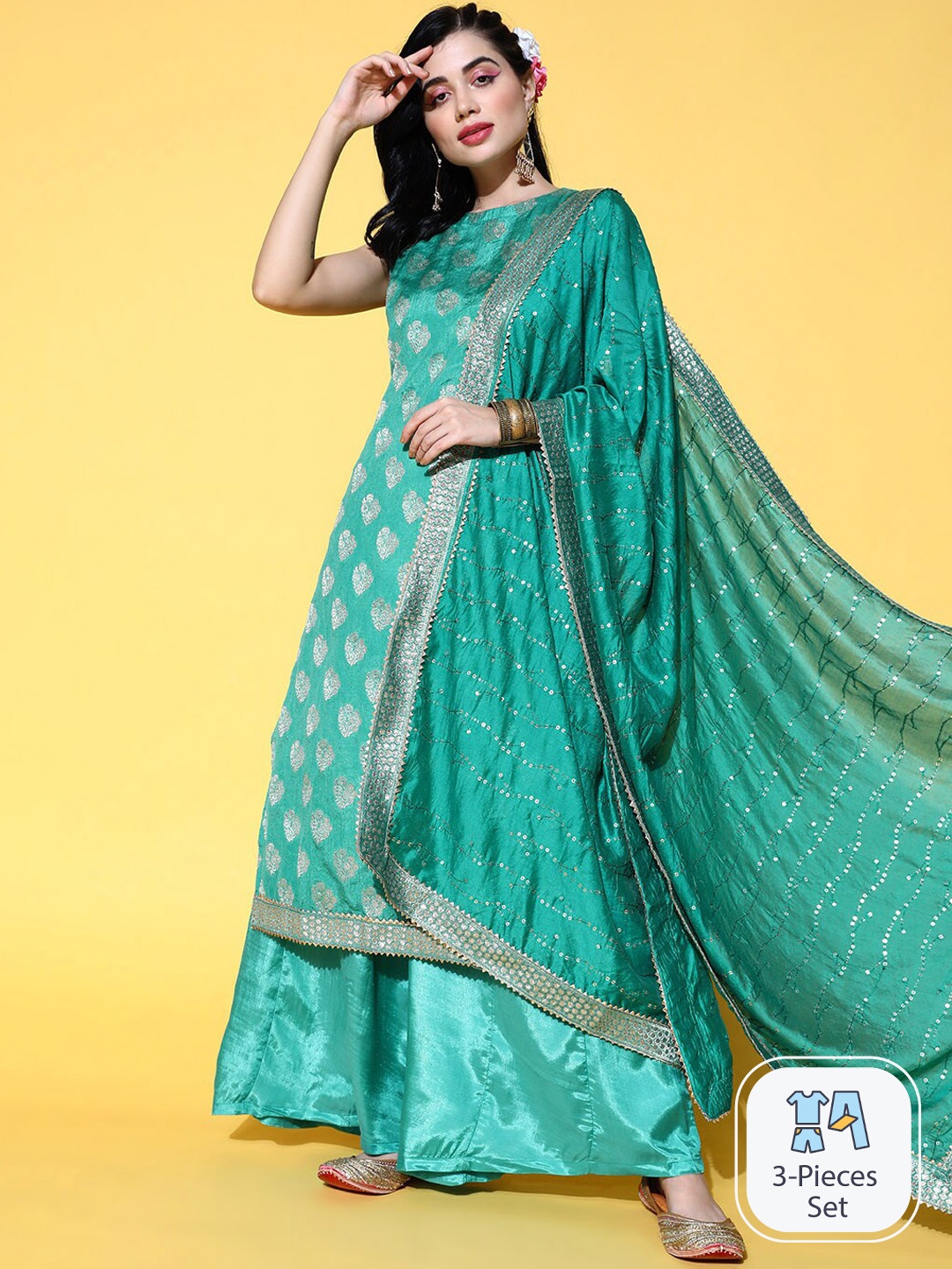 

Ishin Ethnic Motifs Woven Design Gotta Patti Kurta with Palazzos & Dupatta, Turquoise blue