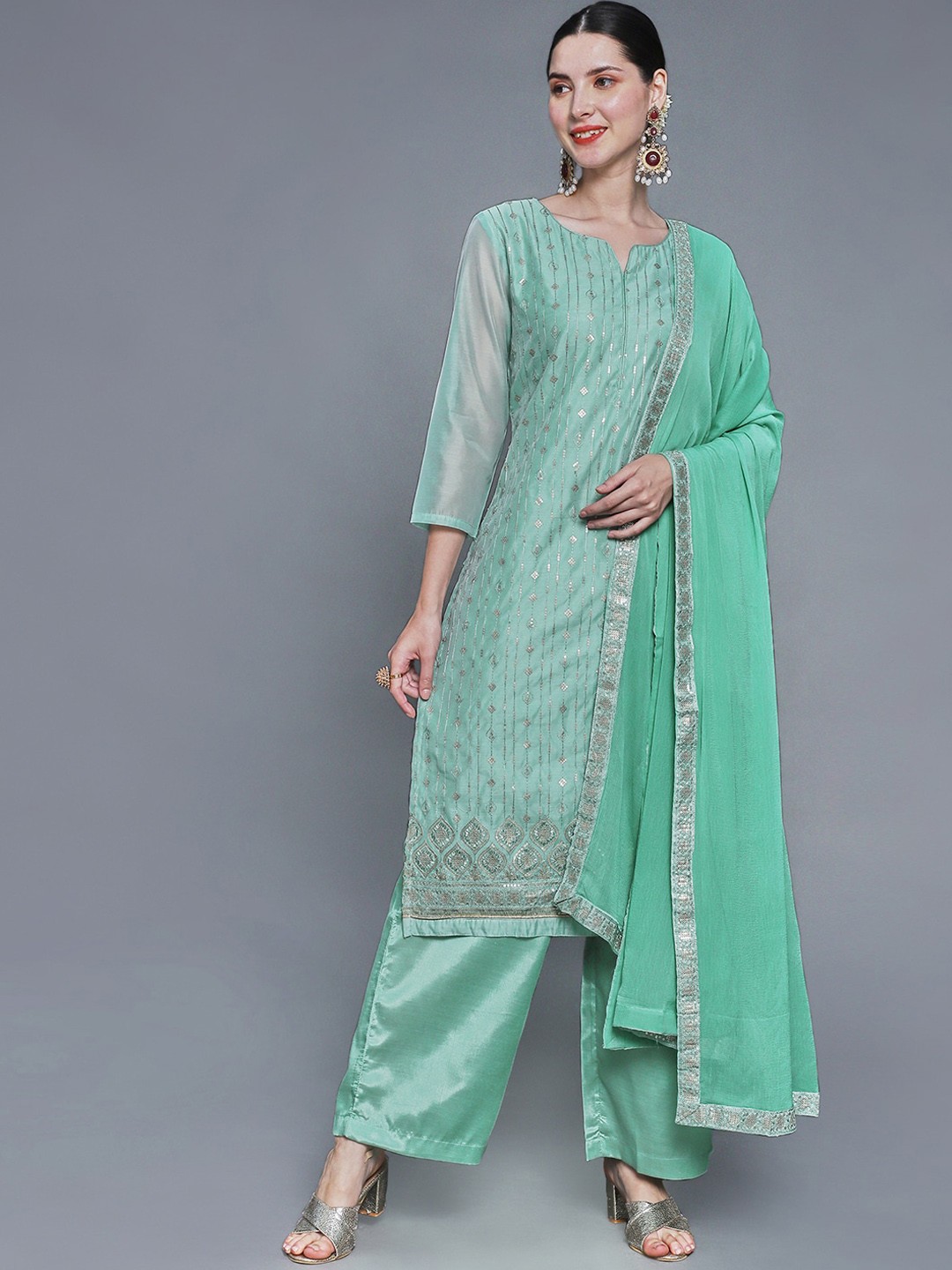 

Ishin Ethnic Motifs Embroidered Sequined Chanderi Silk Kurta with Palazzos & Dupatta, Sea green