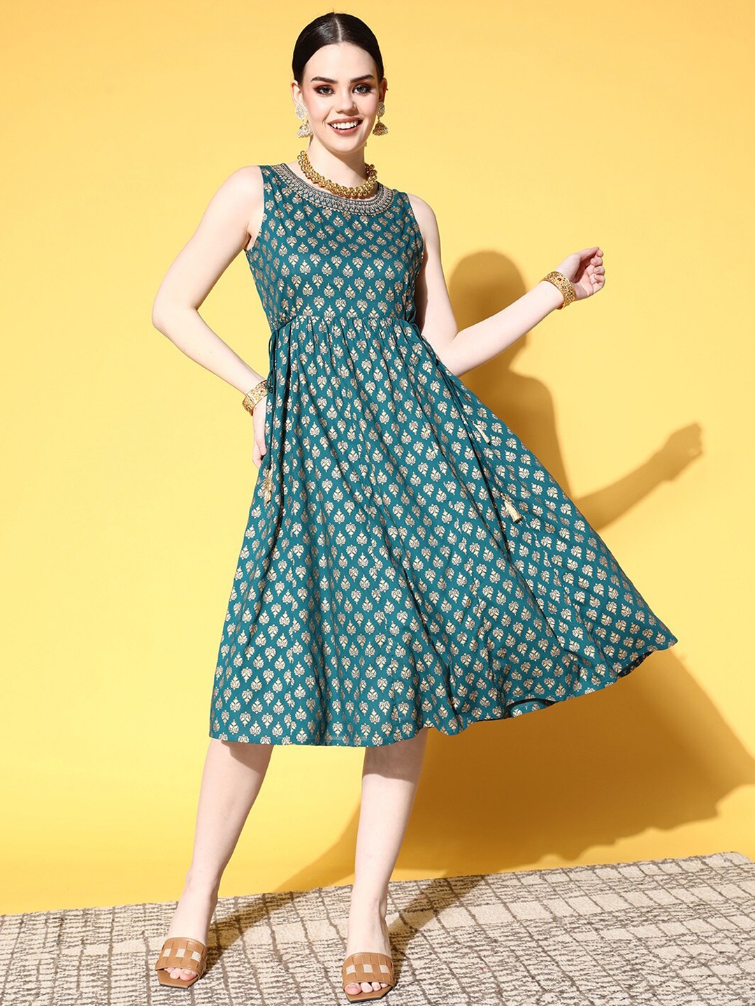 

Ishin Ethnic Motifs Self Design Tie-Ups Detail Fit and Flare Ethnic Dresses, Teal