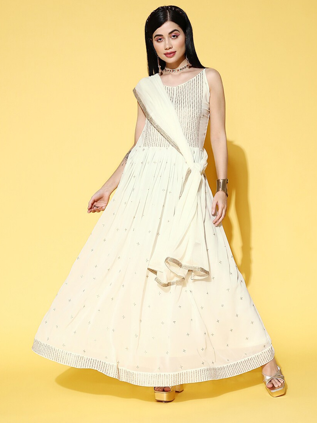 

Ishin Embellished Sequined Detail Maxi Ethnic Dresses With Dupatta, Off white