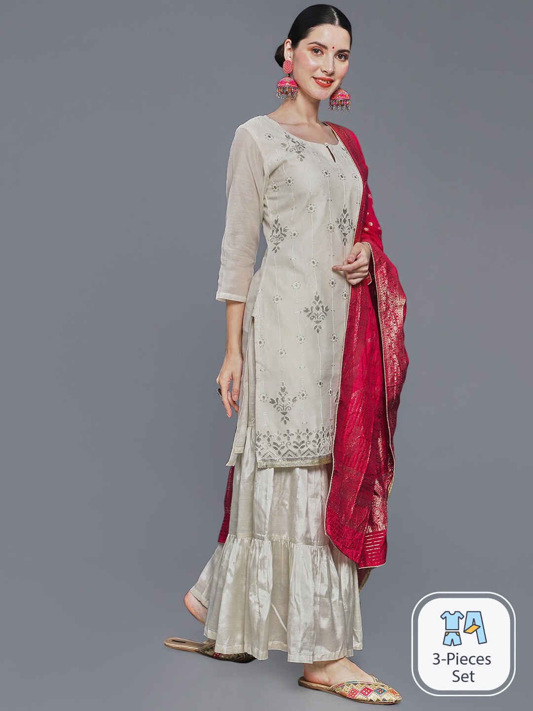 

Ishin Floral Embroidered Sequinned Chanderi Silk Kurta With Sharara & Dupatta, Off white