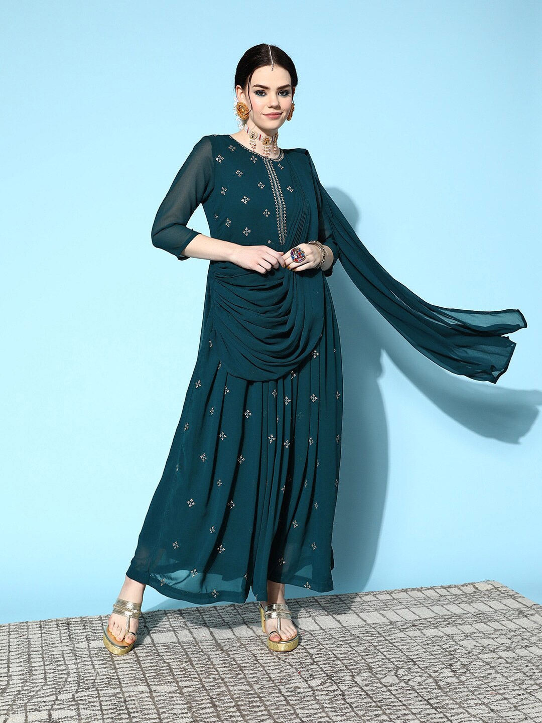 

Ishin Embellished Sequined Detail Maxi Ethnic Dresses, Teal