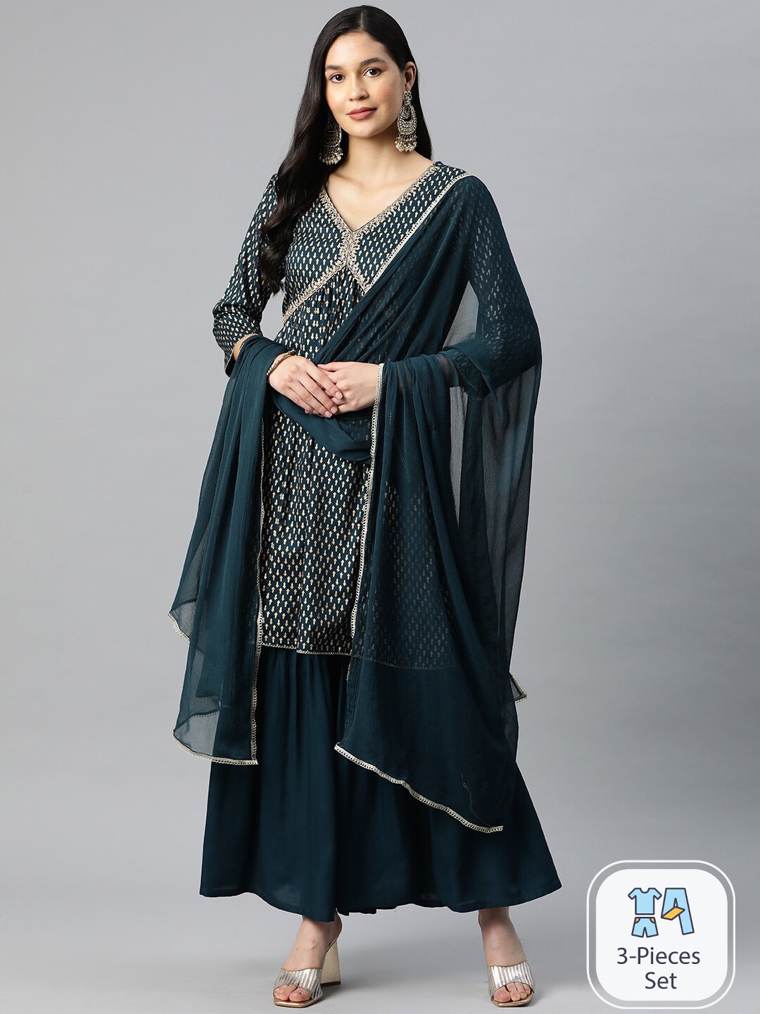 

Ishin Ethnic Motifs Printed Empire Sequinned Kurta With Sharara & Dupatta, Teal