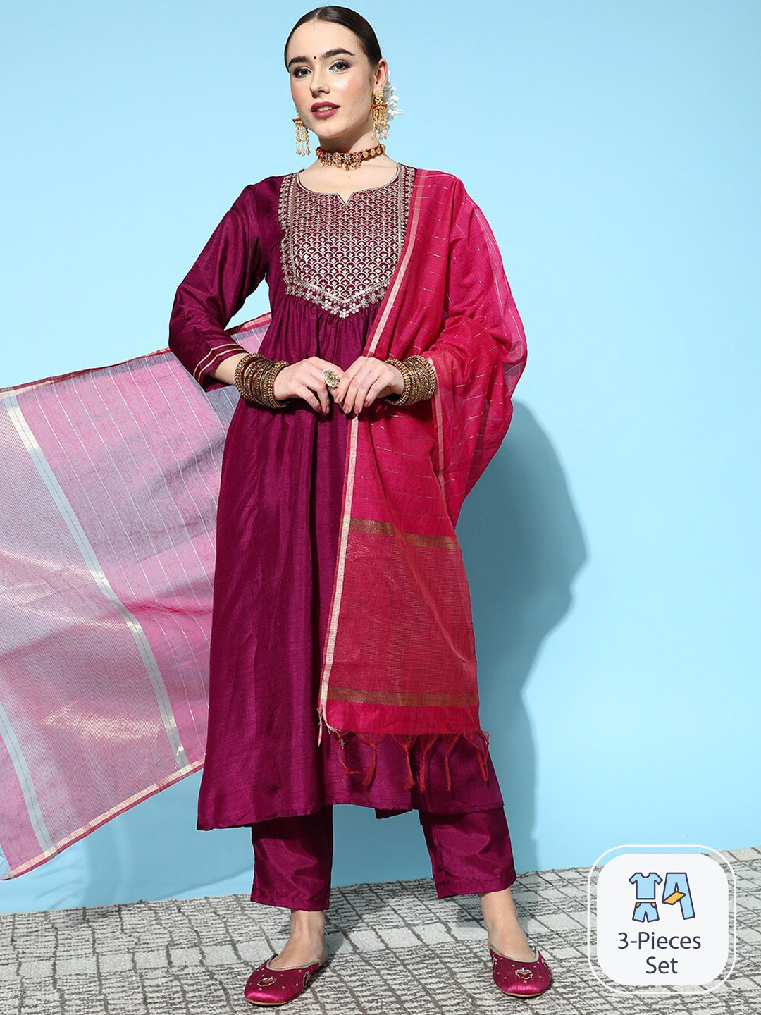 

Ishin Floral Yoke Design Sequinned A-line Kurta With Trousers & Dupatta, Burgundy