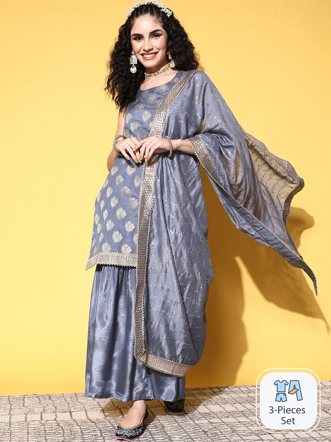 

Ishin Ethnic Motifs Woven Design Kurta With Sharara & Dupatta, Grey