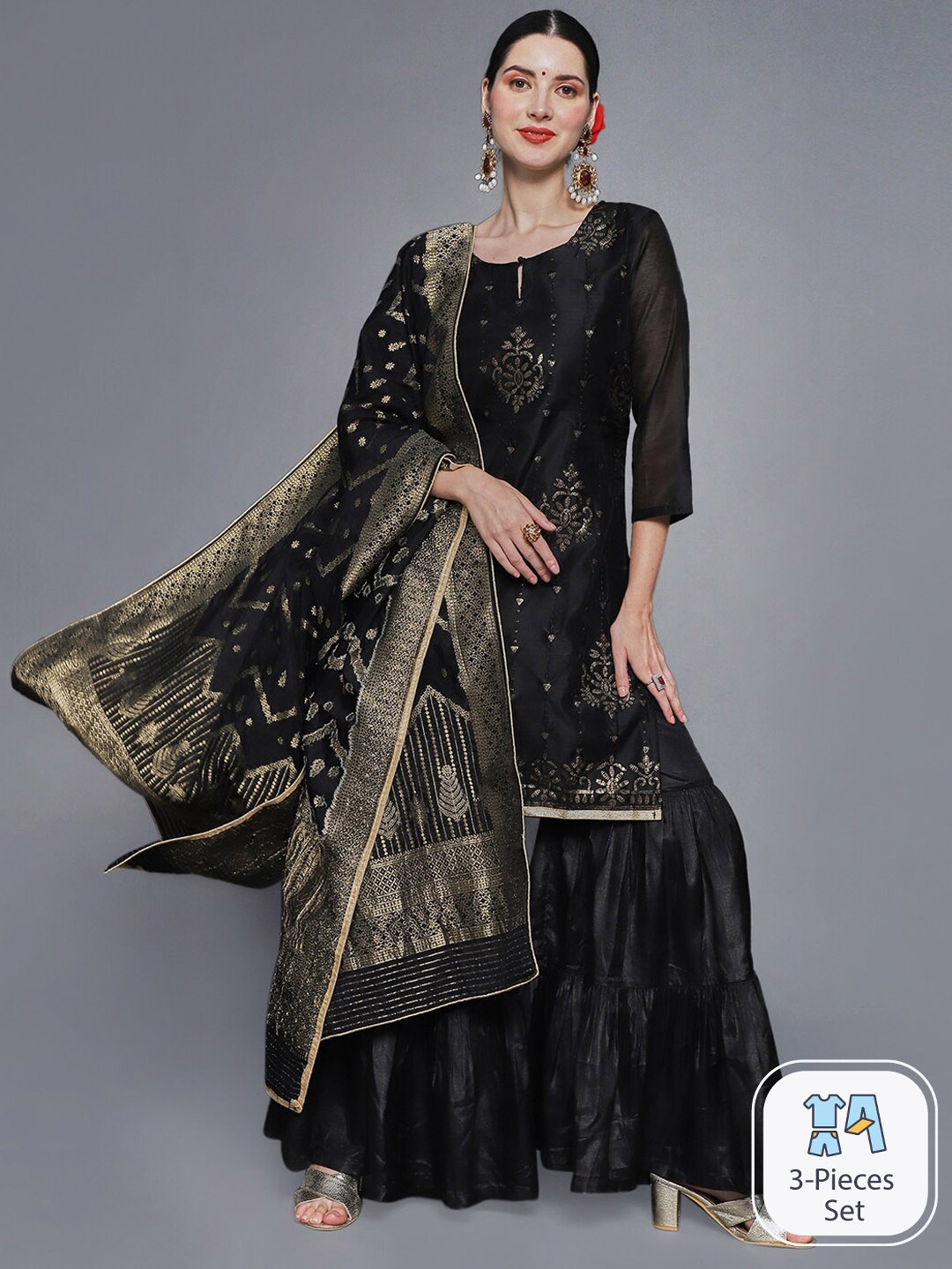 

Ishin Floral Embroidered Sequinned Chanderi Silk Kurta With Sharara & Dupatta, Black