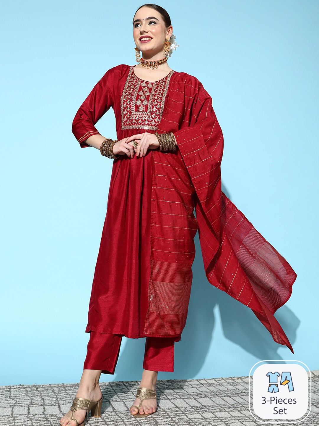 

Ishin Floral Yoke Design Mirror Work A-line Kurta With Trousers & Dupatta, Maroon