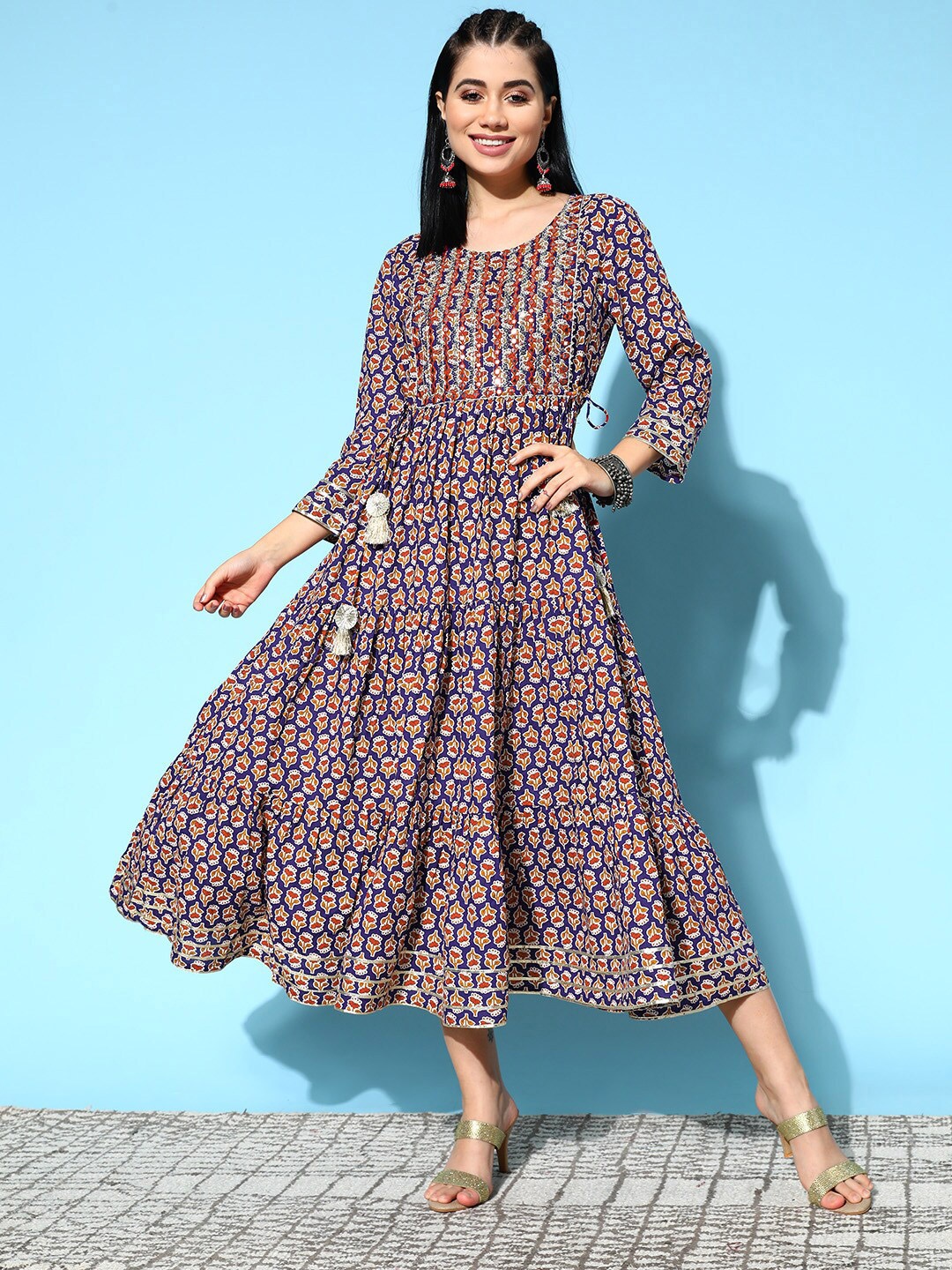 

Ishin Ethnic Motifs Printed Tie-Ups Detail Fit and Flare Cotton Ethnic Dresses, Blue