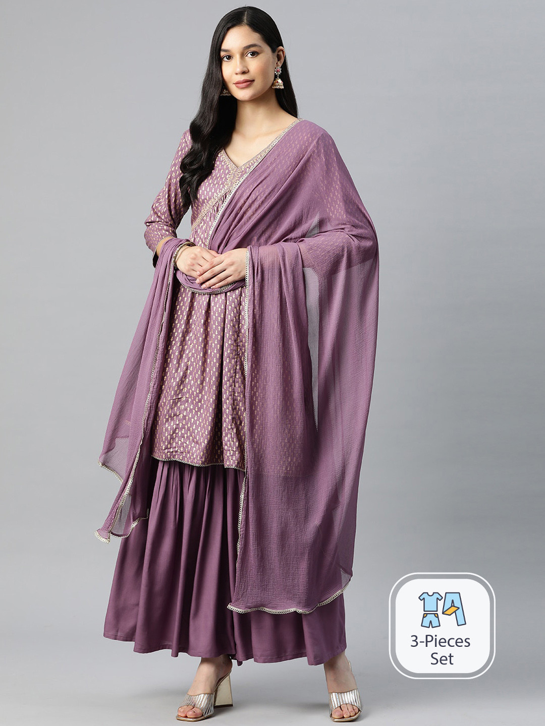 

Ishin Ethnic Motifs Printed Empire Thread Work A-line Kurta With Sharara & Dupatta, Purple