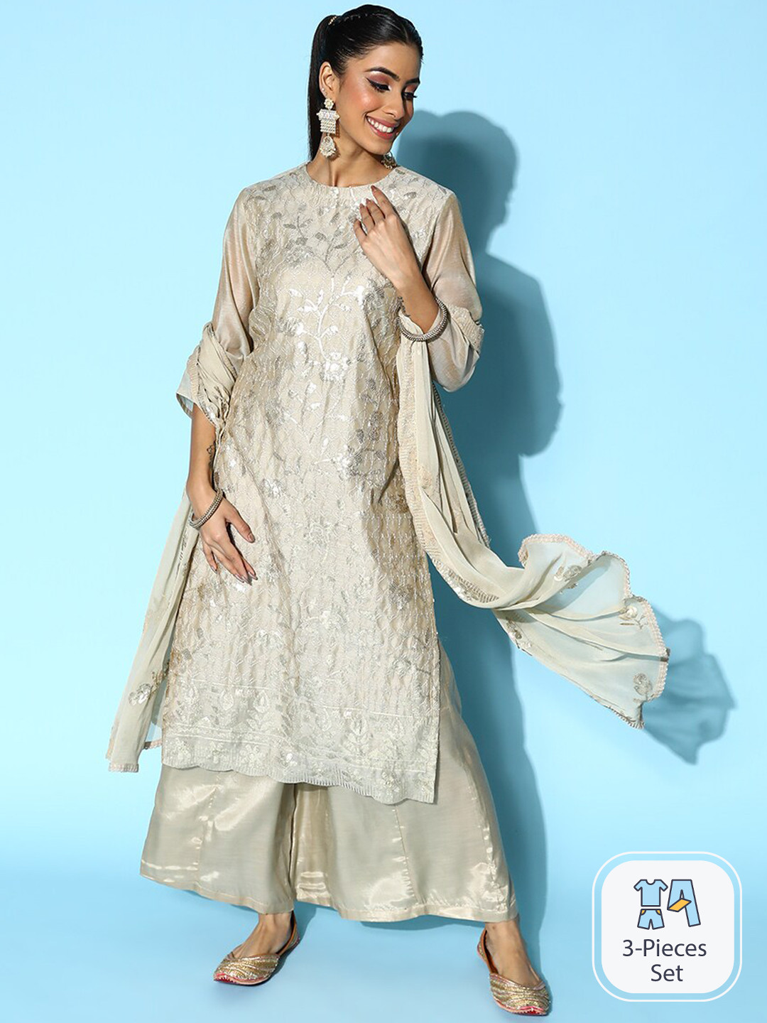 

Ishin Floral Embroidered Sequinned Chanderi Silk Kurta with Palazzos & Dupatta, Grey