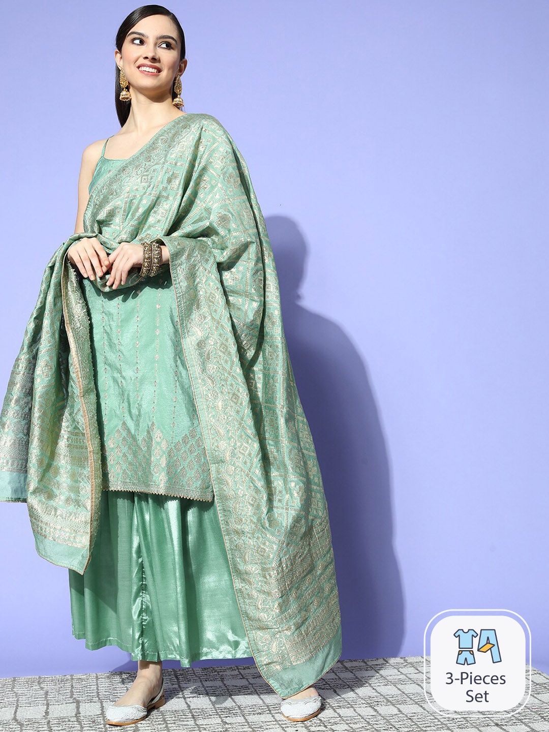 

Ishin Ethnic Motifs Woven Design Sleeveless Kurta with Sharara & Dupatta, Sea green