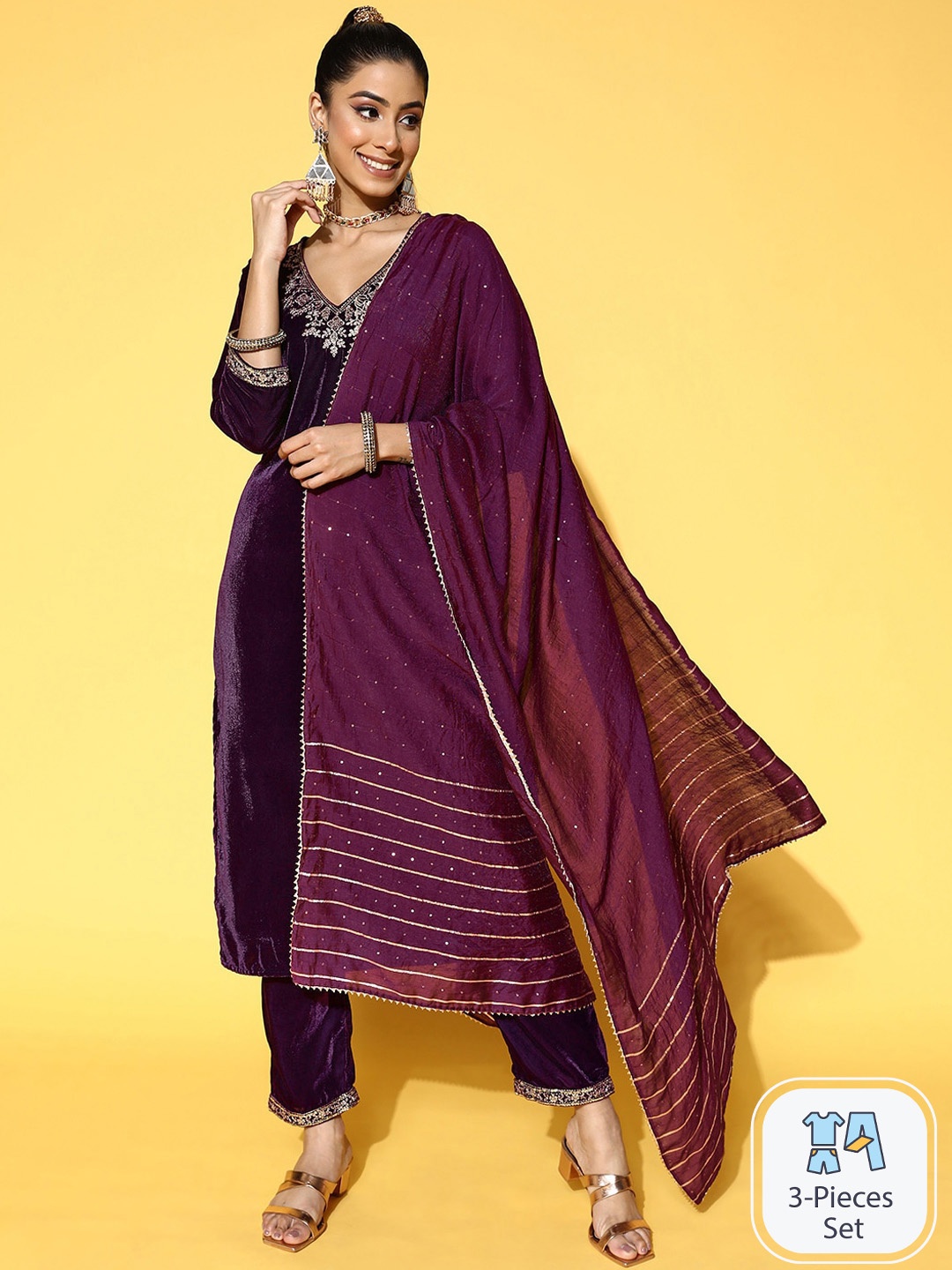 

Ishin Ethnic Motifs Yoke Design Sequinned Velvet Kurta with Trousers & Dupatta, Purple