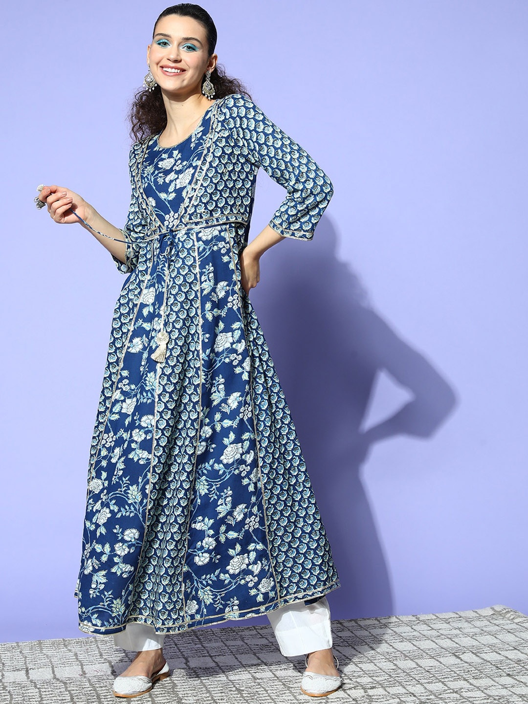 

Ishin Floral Floral Printed Gotta Patti Block Print Cotton Anarkali Kurta, Blue