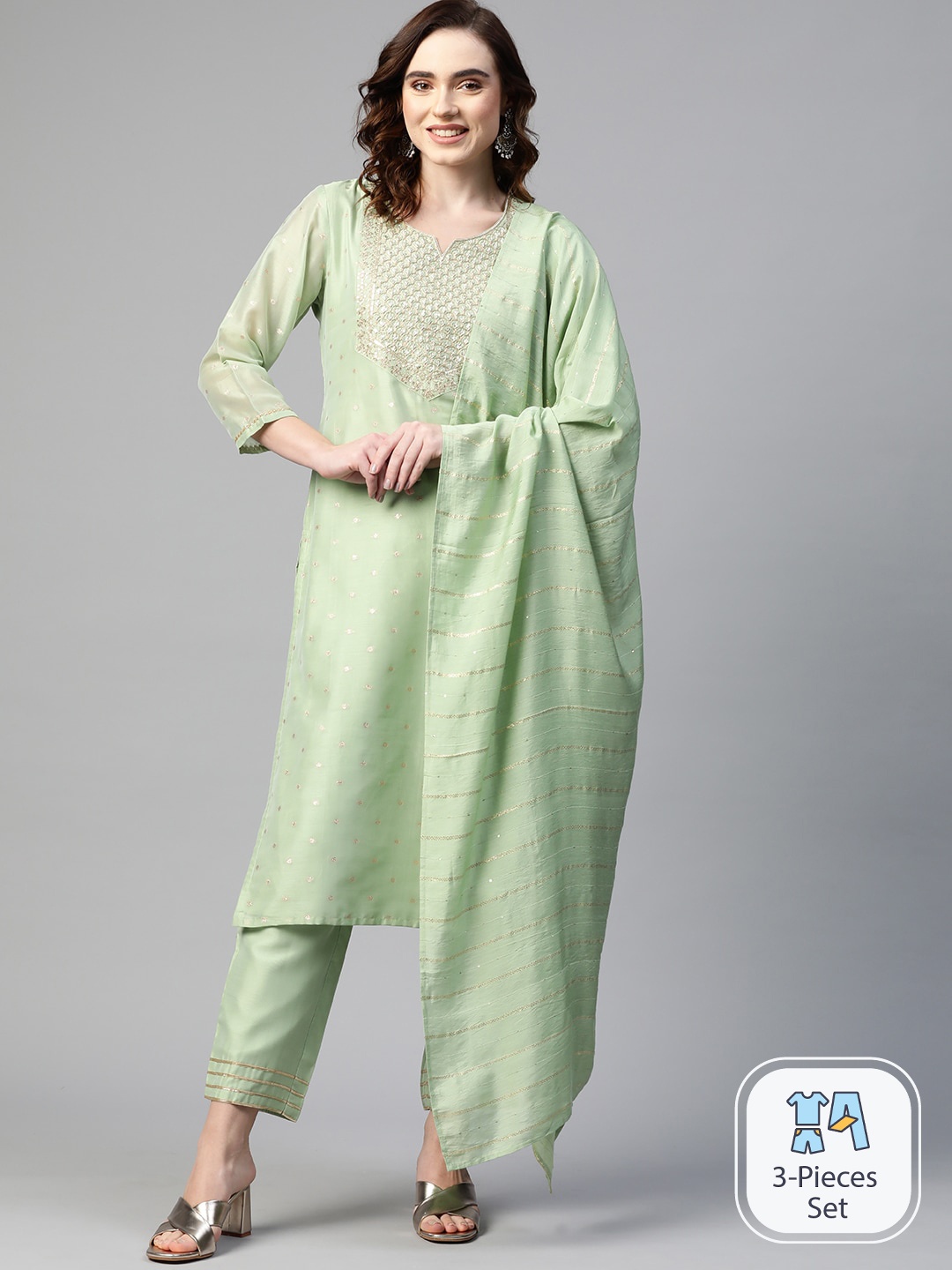 

Ishin Ethnic Motifs Embroidered Sequined Chanderi Silk Kurta with Trousers & Dupatta, Green