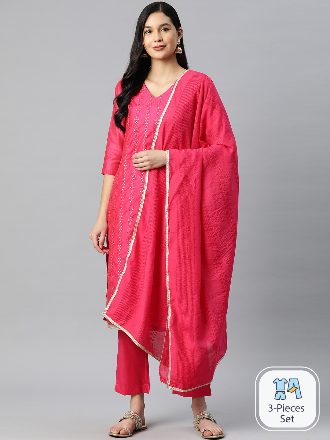 

Ishin Floral Embroidered V-Neck Sequinned Detail Straight Kurta & Trousers With Dupatta, Fuchsia