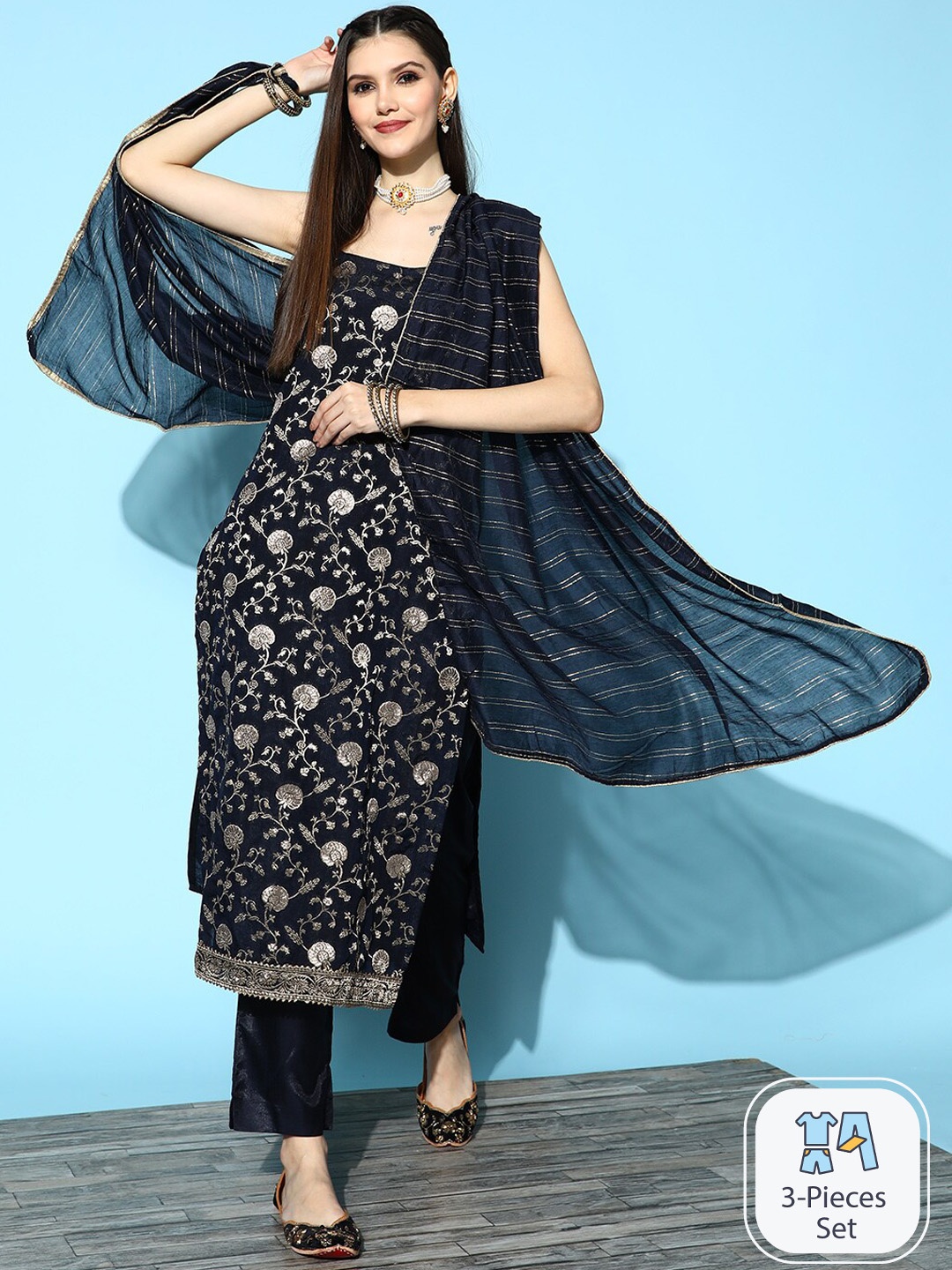

Ishin Floral Woven Design Straight Kurta & Trouser With Dupatta, Navy blue