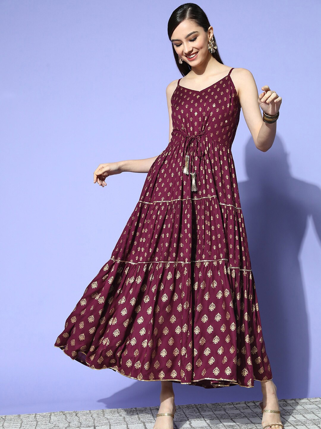 

Ishin Ethnic Motifs Printed Gathered A-Line Midi Ethnic Dress, Burgundy