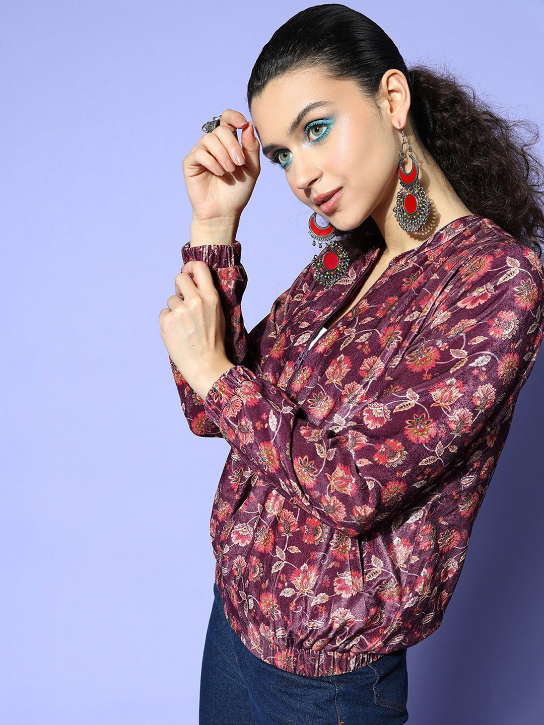

Ishin Floral Printed Mandarin Collar Lightweight Tailored Jacket, Burgundy