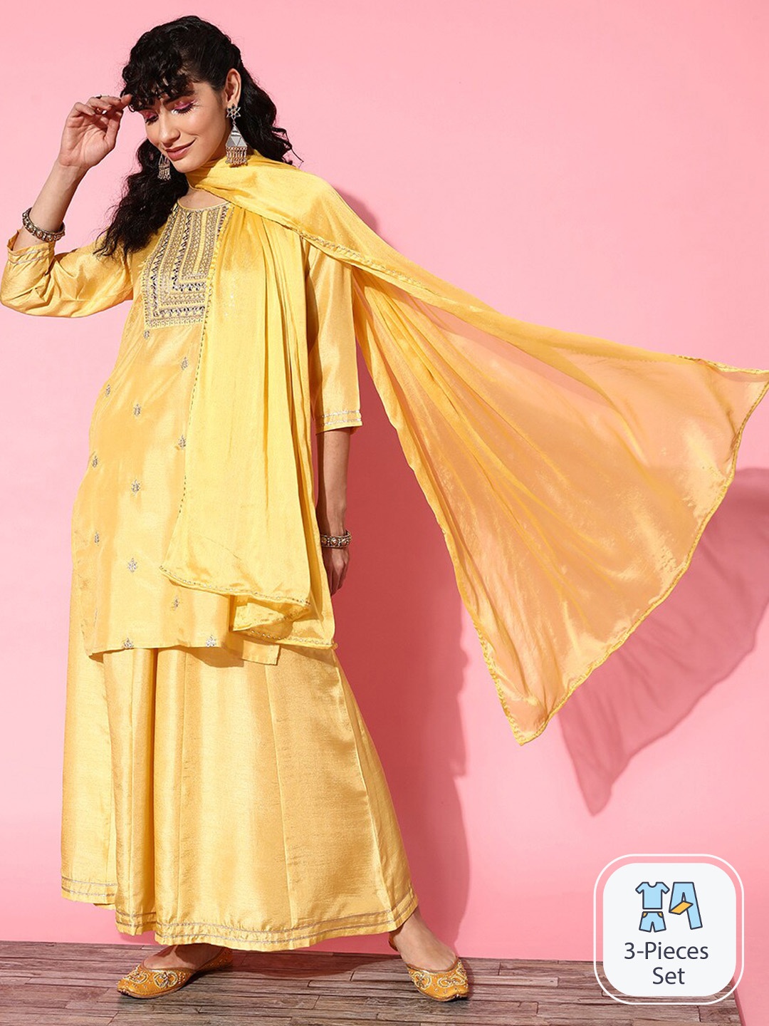 

Ishin Ethnic Motifs Embroidered Gotta Patti Detail Straight Kurta & Sharara With Dupatta, Yellow