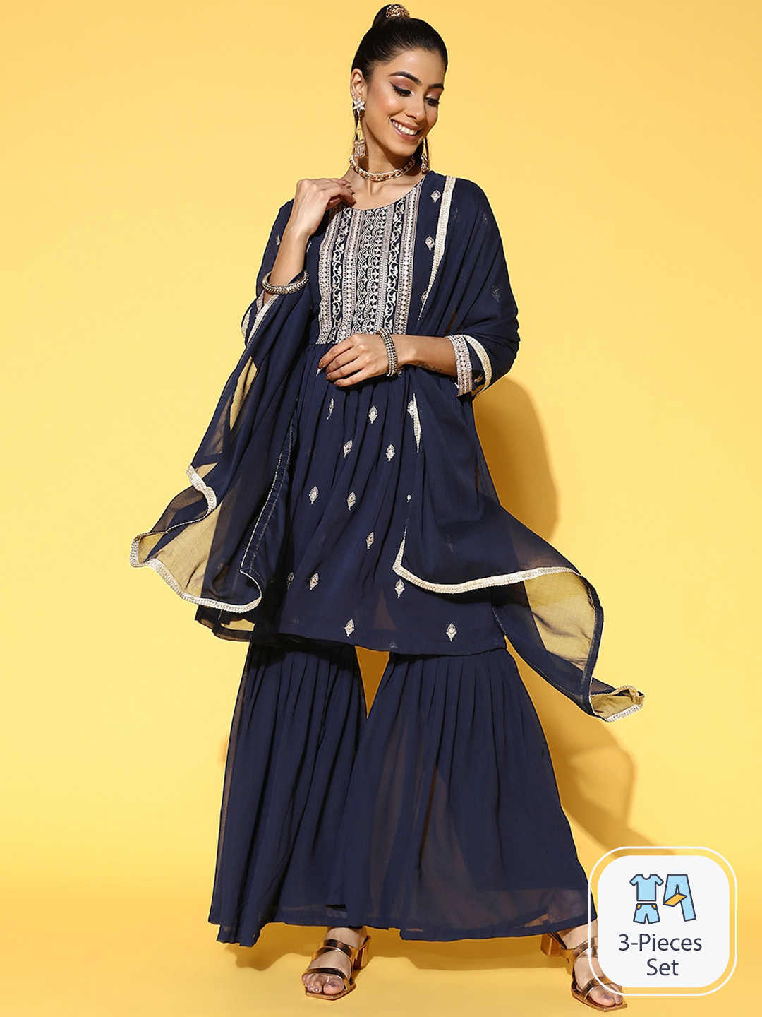 

Ishin Ethnic Motifs Embroidered Sequinned Detail A-Line Kurta & Sharara With Dupatta, Navy blue