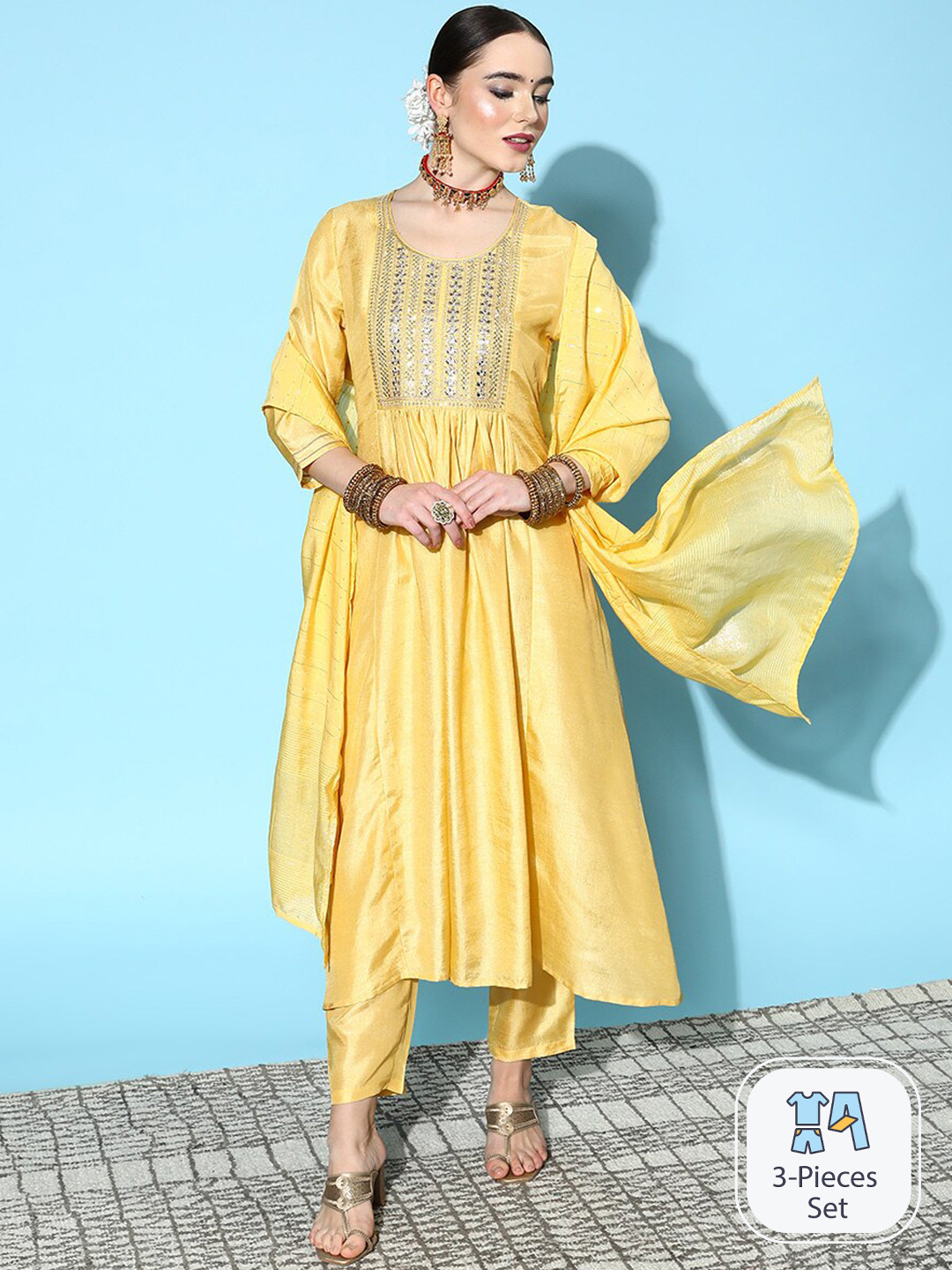 

Ishin Floral Yoke Design Sequinned Detail A-Line Kurta & Trouser With Dupatta, Yellow